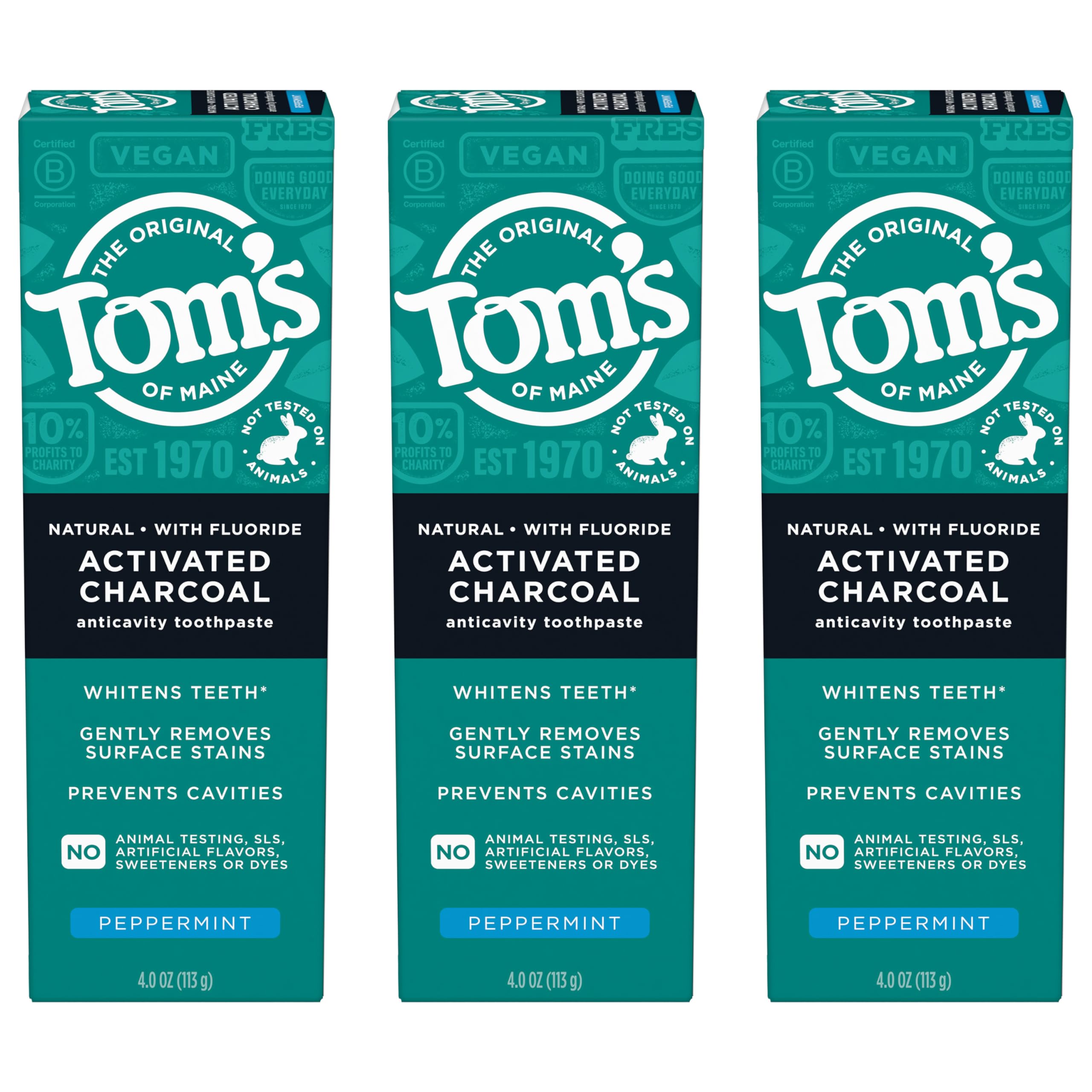 Tom’s of Maine Activated Charcoal Toothpaste with Fluoride – Peppermint, 3 Pack