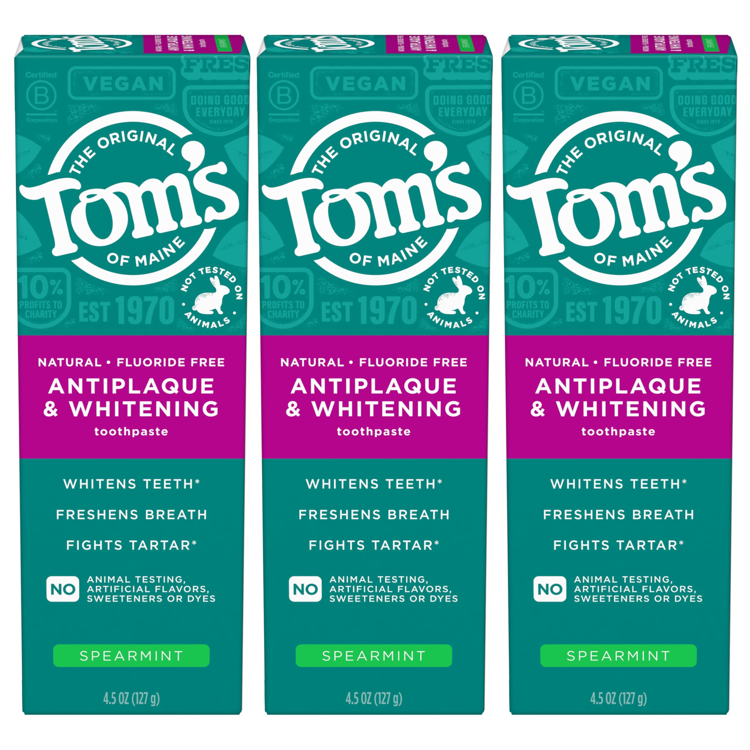 Tom’s of Maine Antiplaque & Whitening Fluoride Free Toothpaste Spearmint 3-Pack