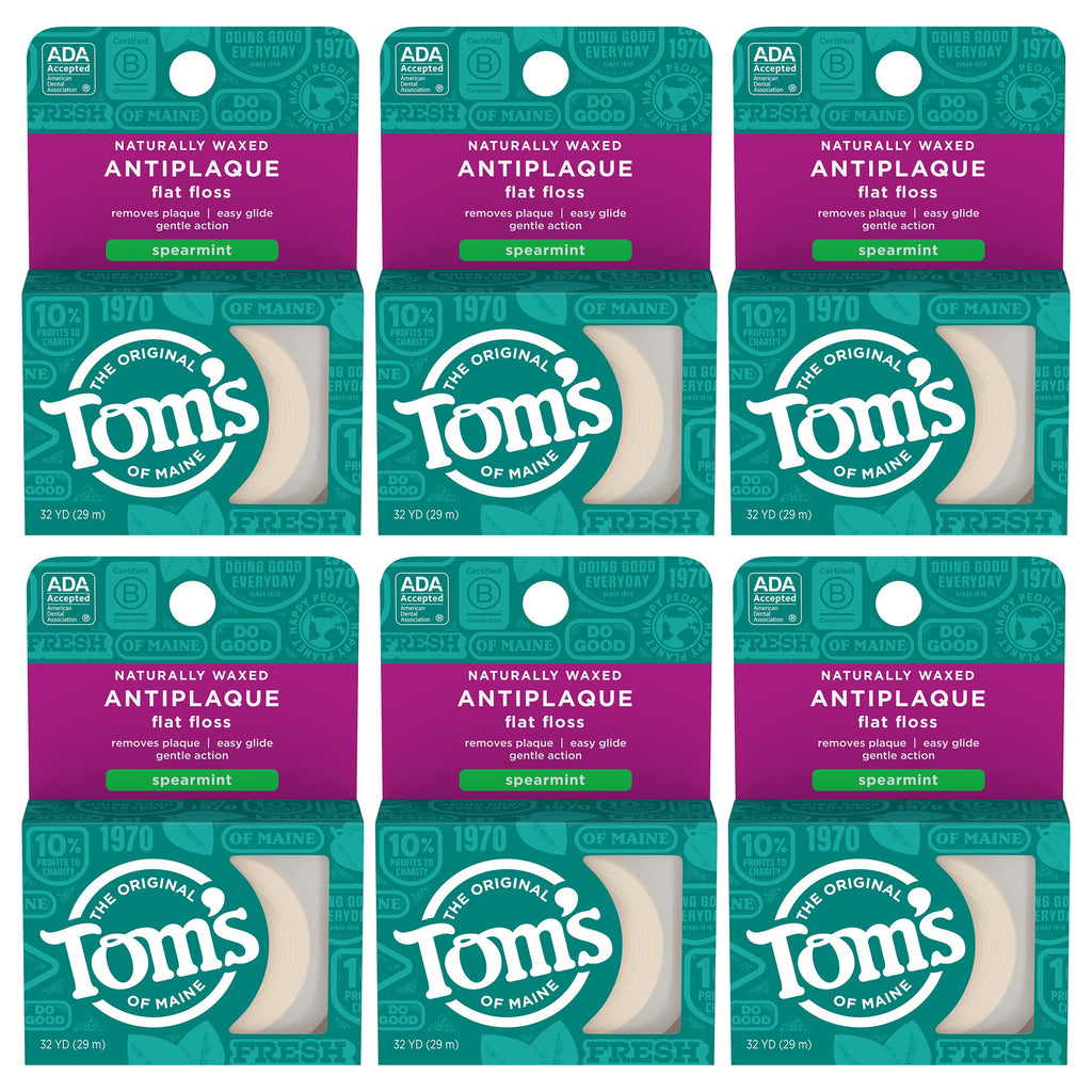Tom's of Maine Waxed Antiplaque Floss, Spearmint – 32 Yards, 6-Pack (Packaging May Vary)