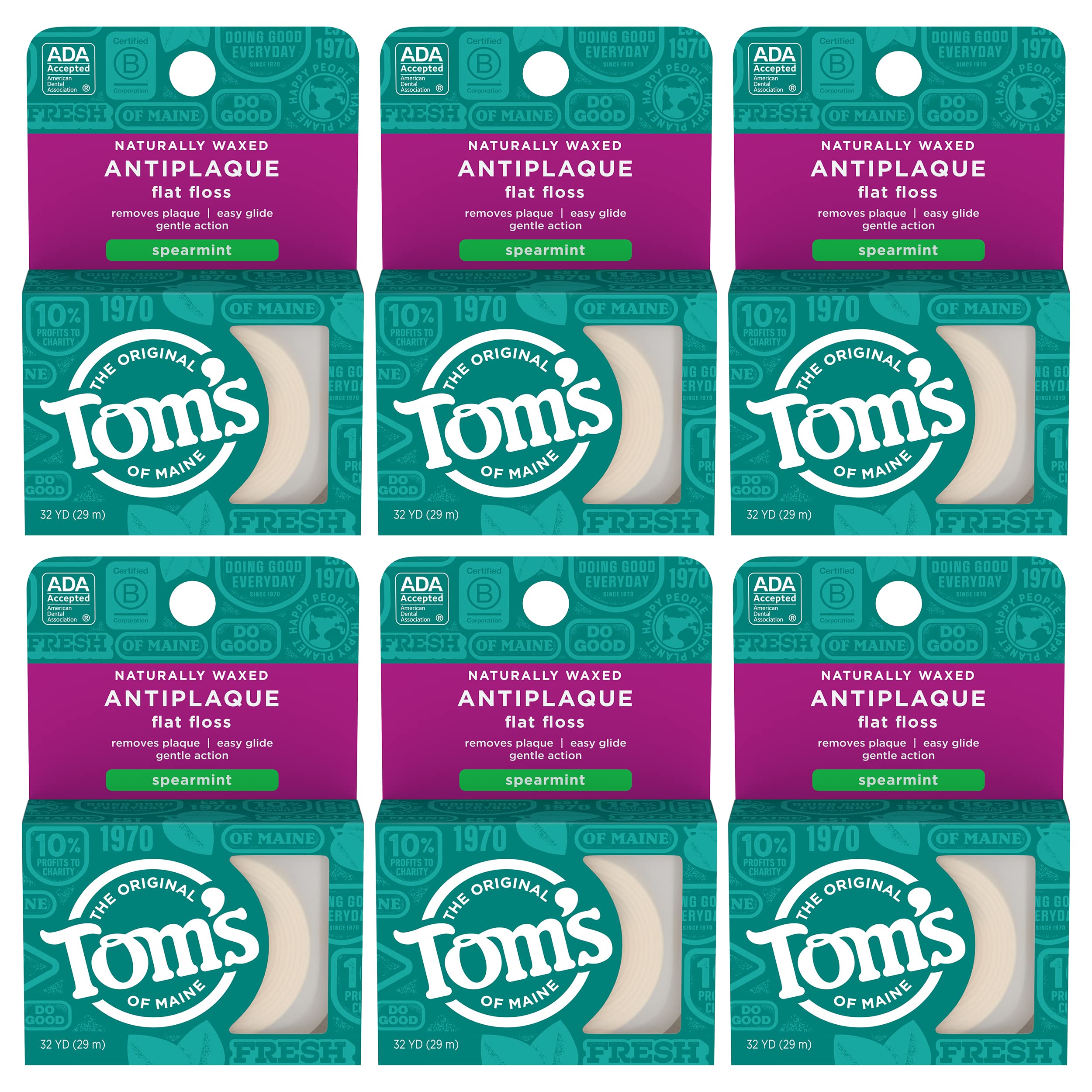 Tom's of Maine Waxed Antiplaque Floss, Spearmint – 32 Yards, 6-Pack (Packaging May Vary)