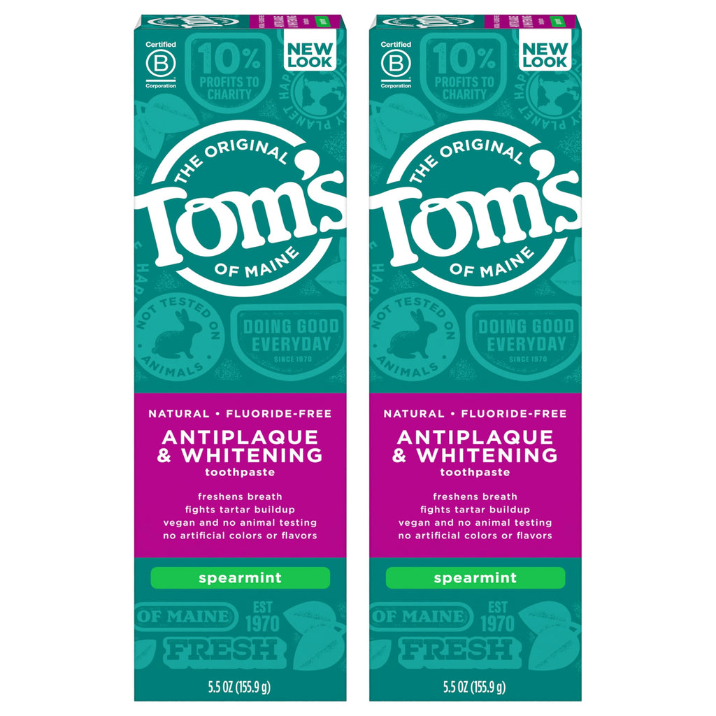 Tom's of Maine Fluoride-Free Antiplaque & Whitening Toothpaste – Spearmint, 5.5 oz (Pack of 2)