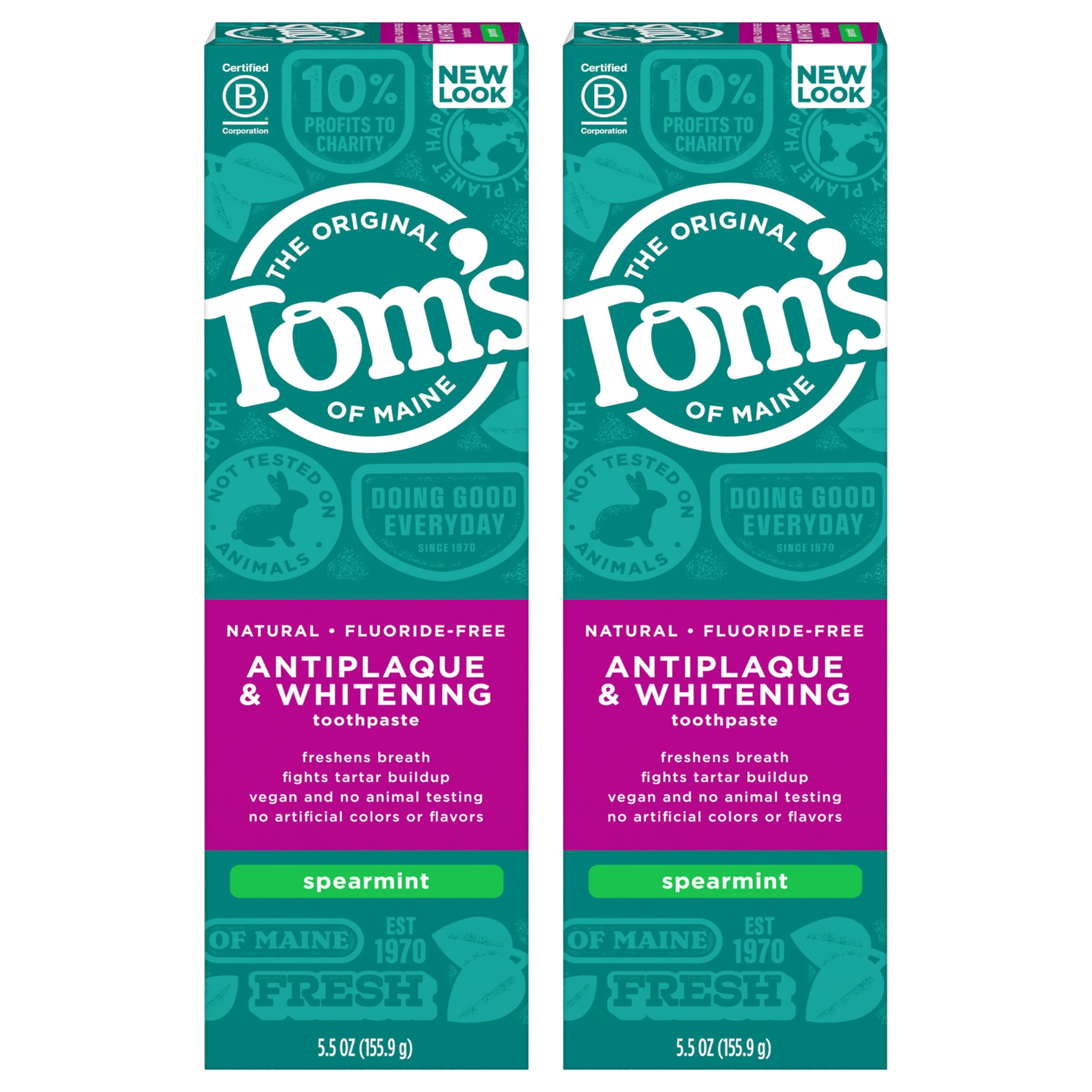 Tom's of Maine Fluoride-Free Antiplaque & Whitening Toothpaste – Spearmint, 5.5 oz (Pack of 2)