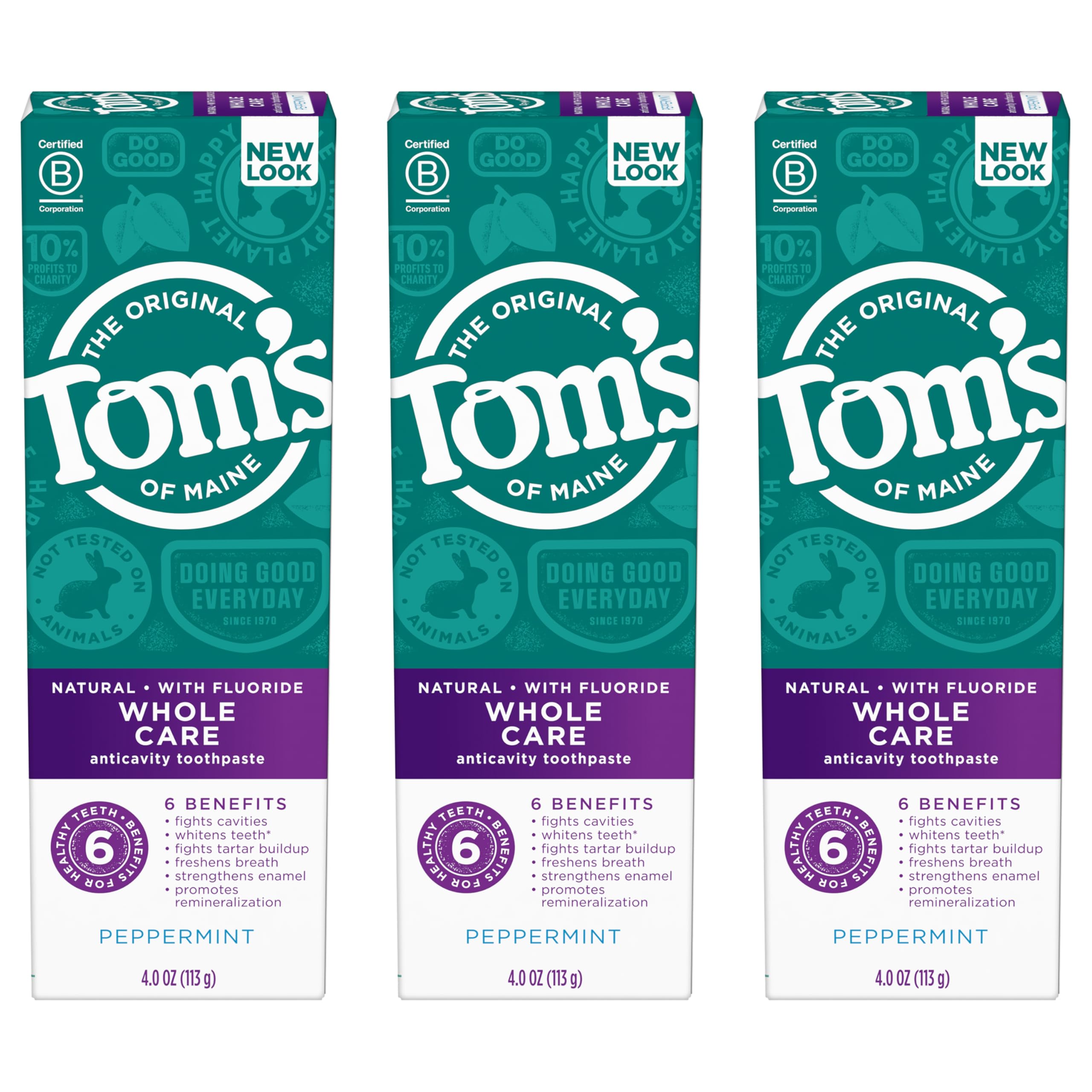 Tom's of Maine Whole Care Natural Fluoride Toothpaste – Peppermint, 4 oz, 3-Pack (Packaging May Vary)
