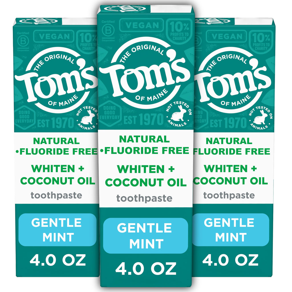 Tom’s of Maine Whiten Plus Coconut Oil Fluoride Free Toothpaste — Natural Whitening, Enamel Safe, Vegan, Gentle Mint, 4.0 Oz (Pack of 3)