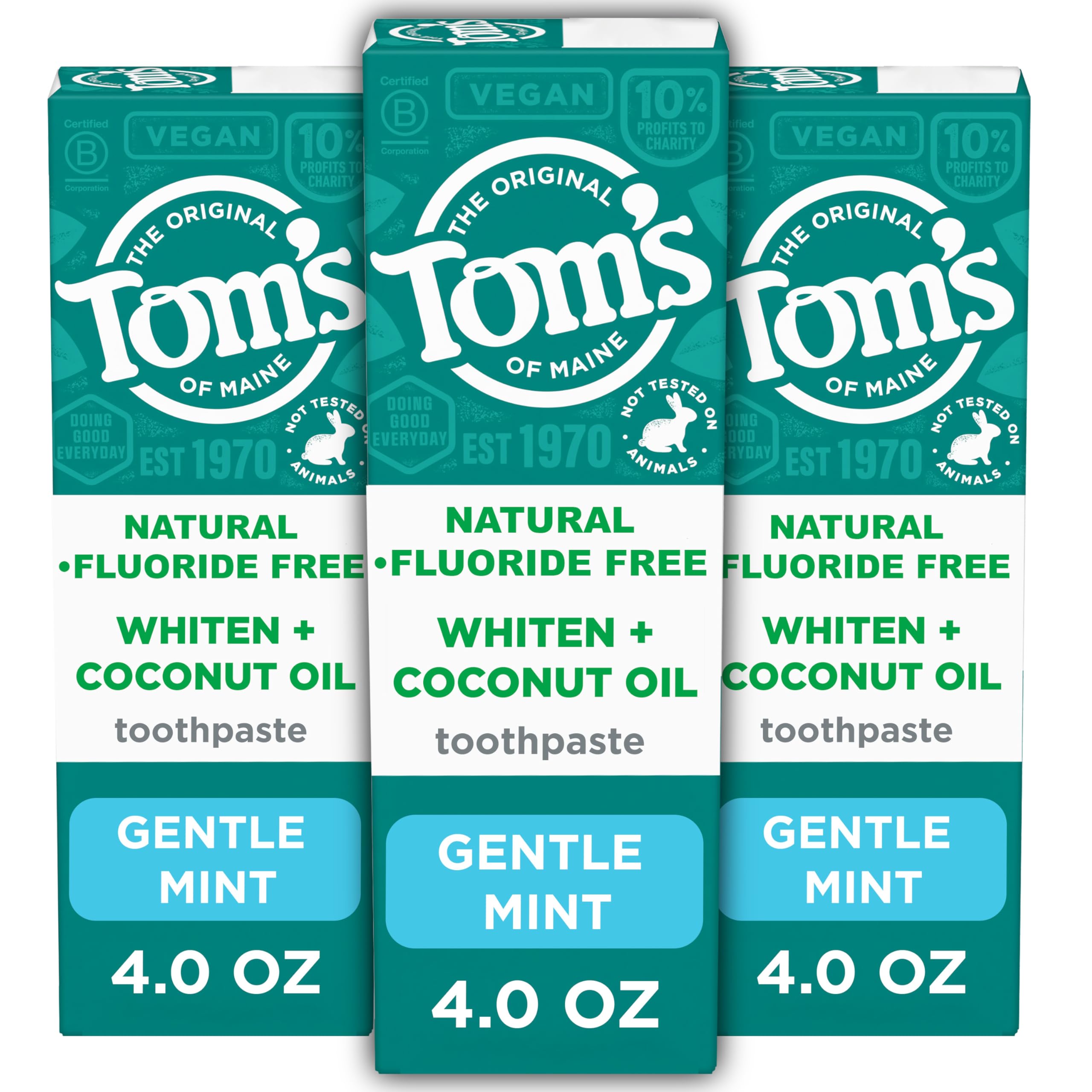 Tom’s of Maine Whiten Plus Coconut Oil Fluoride Free Toothpaste — Natural Whitening, Enamel Safe, Vegan, Gentle Mint, 4.0 Oz (Pack of 3)