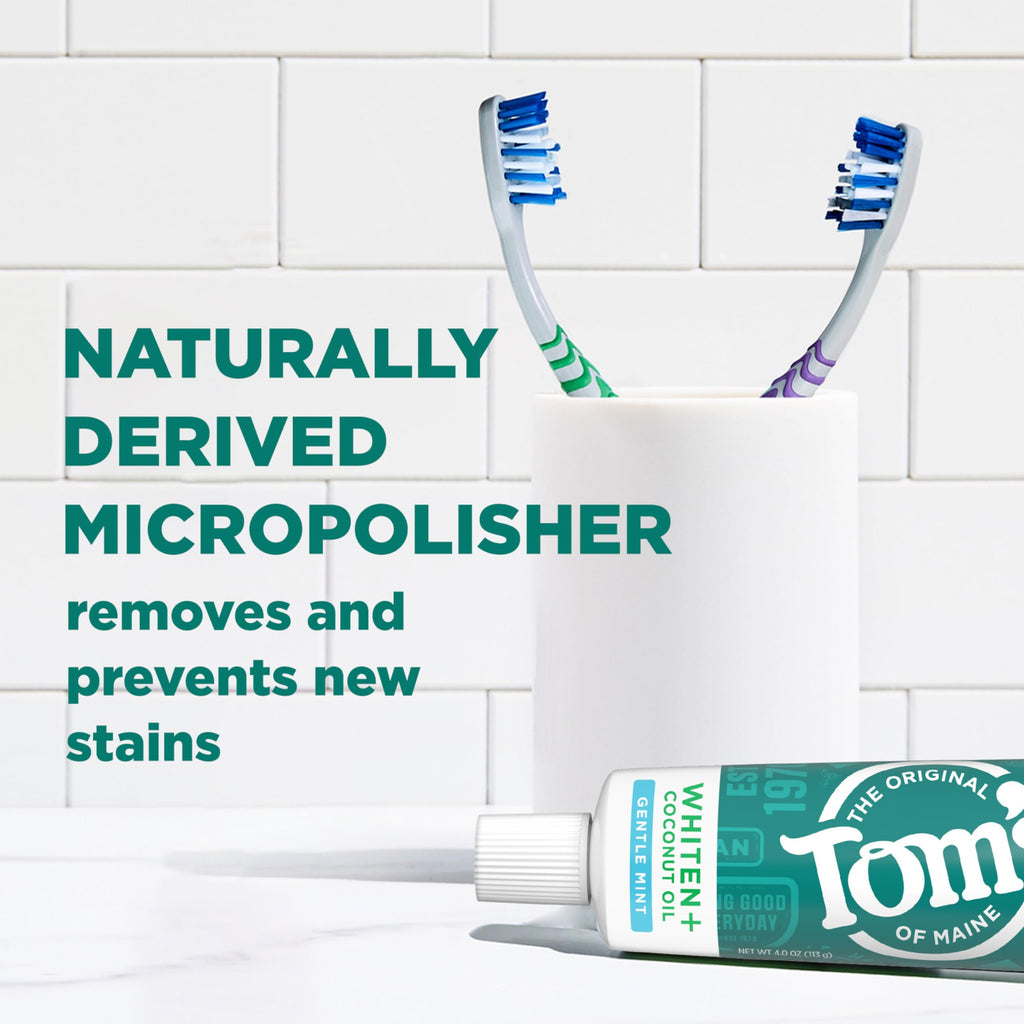 Tom’s of Maine Whiten Plus Coconut Oil Fluoride Free Toothpaste — Natural Whitening, Enamel Safe, Vegan, Gentle Mint, 4.0 Oz (Pack of 3)
