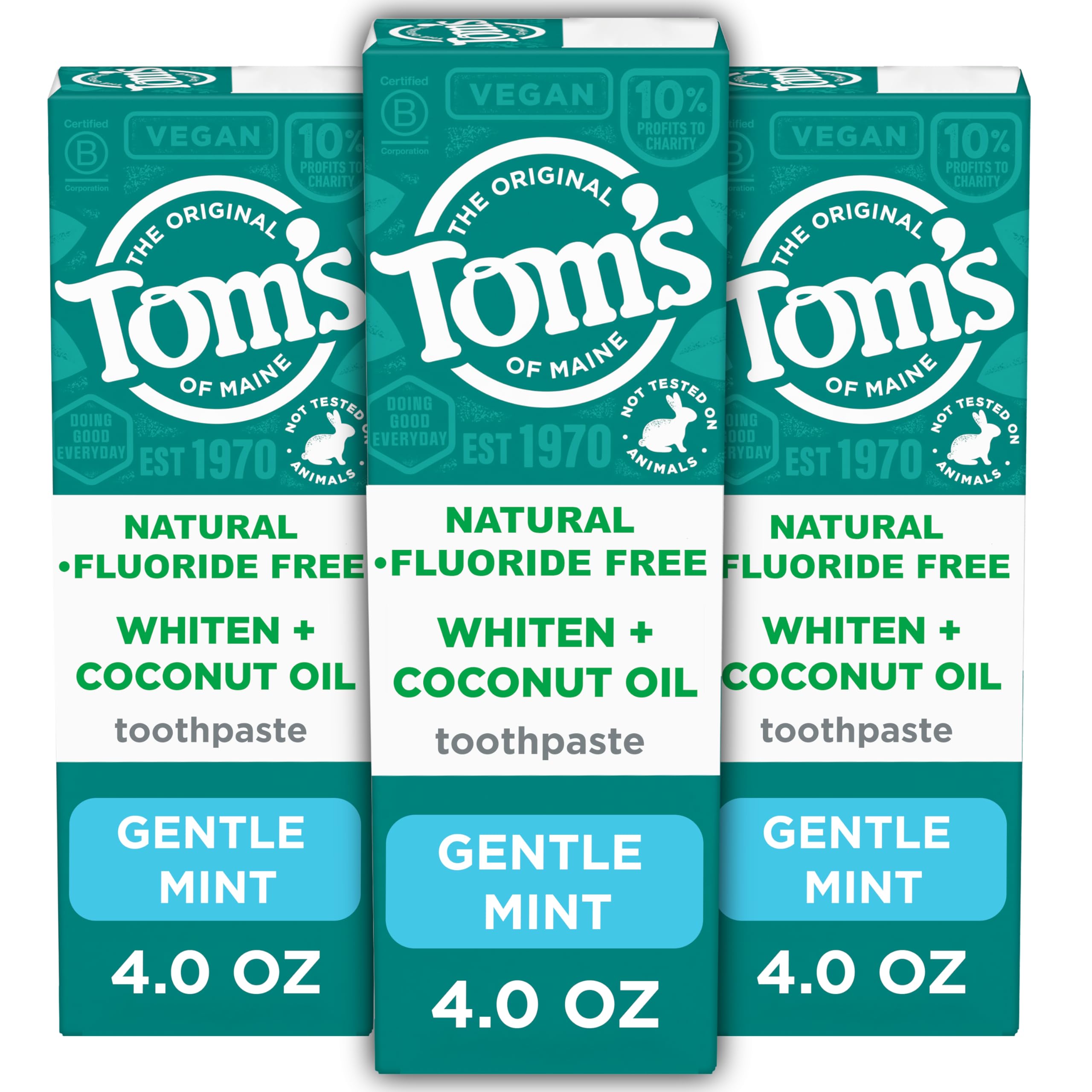 Tom’s of Maine Whiten Plus Coconut Oil Fluoride Free Toothpaste — Natural Whitening, Enamel Safe, Vegan, Gentle Mint, 4.0 Oz (Pack of 3)