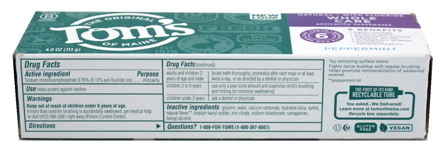 Tom's of Maine Whole Care Fluoride Gel Peppermint 4 oz Pack of 6