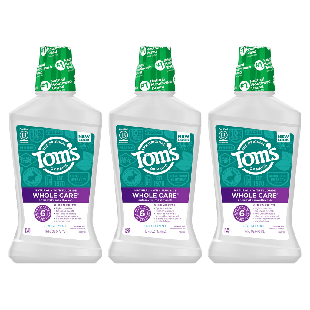 Tom's of Maine Whole Care Natural Mouthwash - Fresh Mint, 16 oz (Pack of 3)