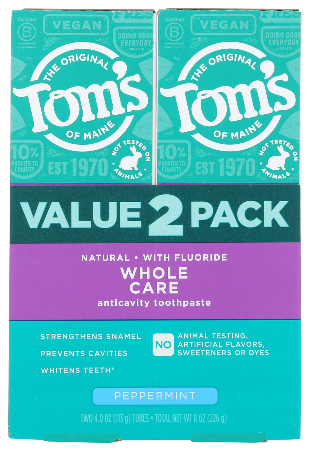 Tom's of Maine Whole Care Toothpaste with Fluoride – Peppermint, 4 oz 2-Pack