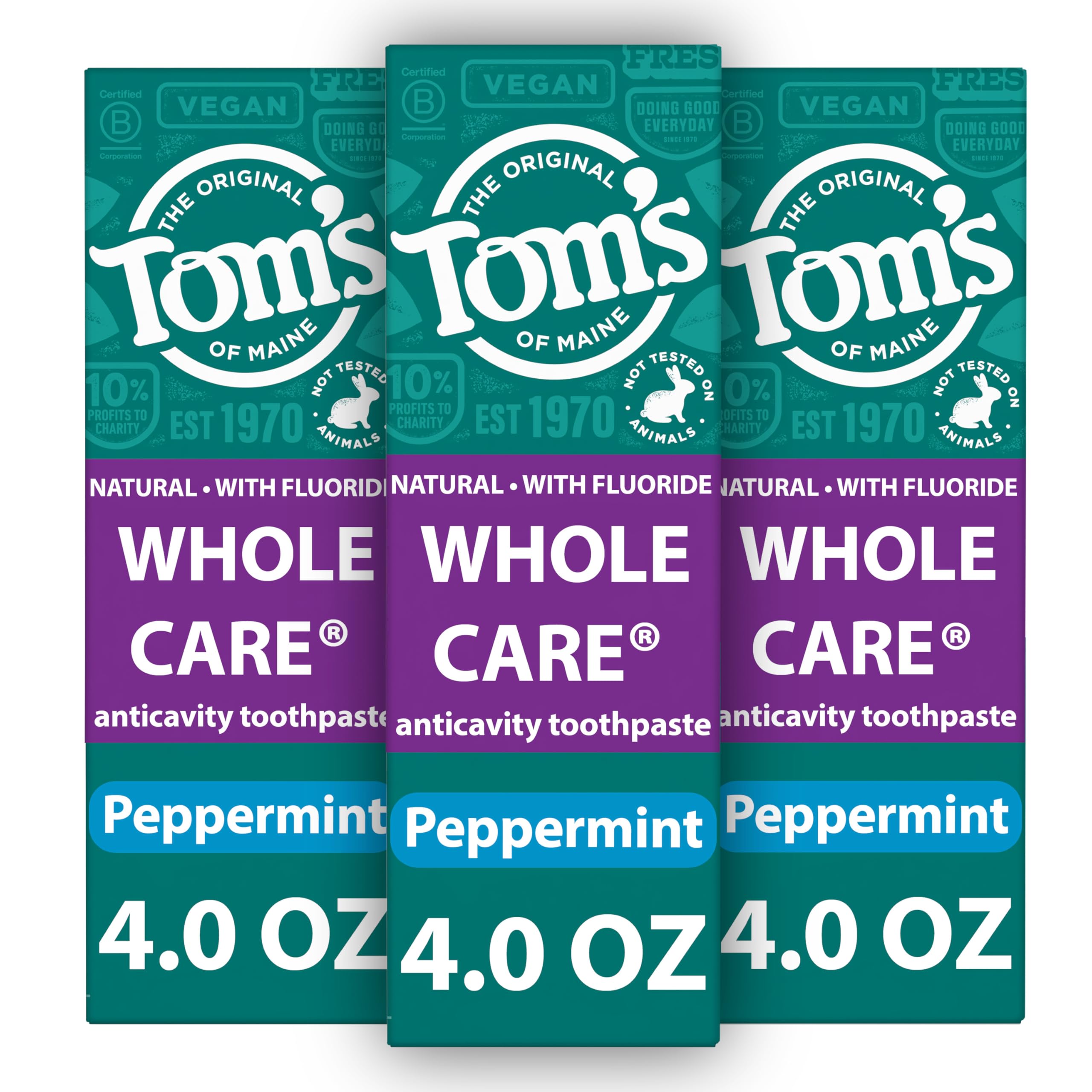 Tom's of Maine Whole Care Natural Fluoride Toothpaste – Peppermint, 4 oz, 3-Pack (Packaging May Vary)