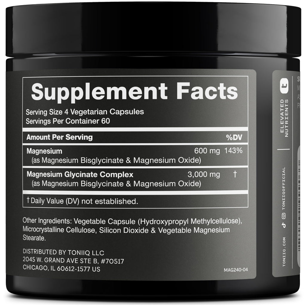Toniiq Magnesium Glycinate 3,000mg – 600mg Elemental, Chelated, Bioavailable – 240 Veggie Capsules