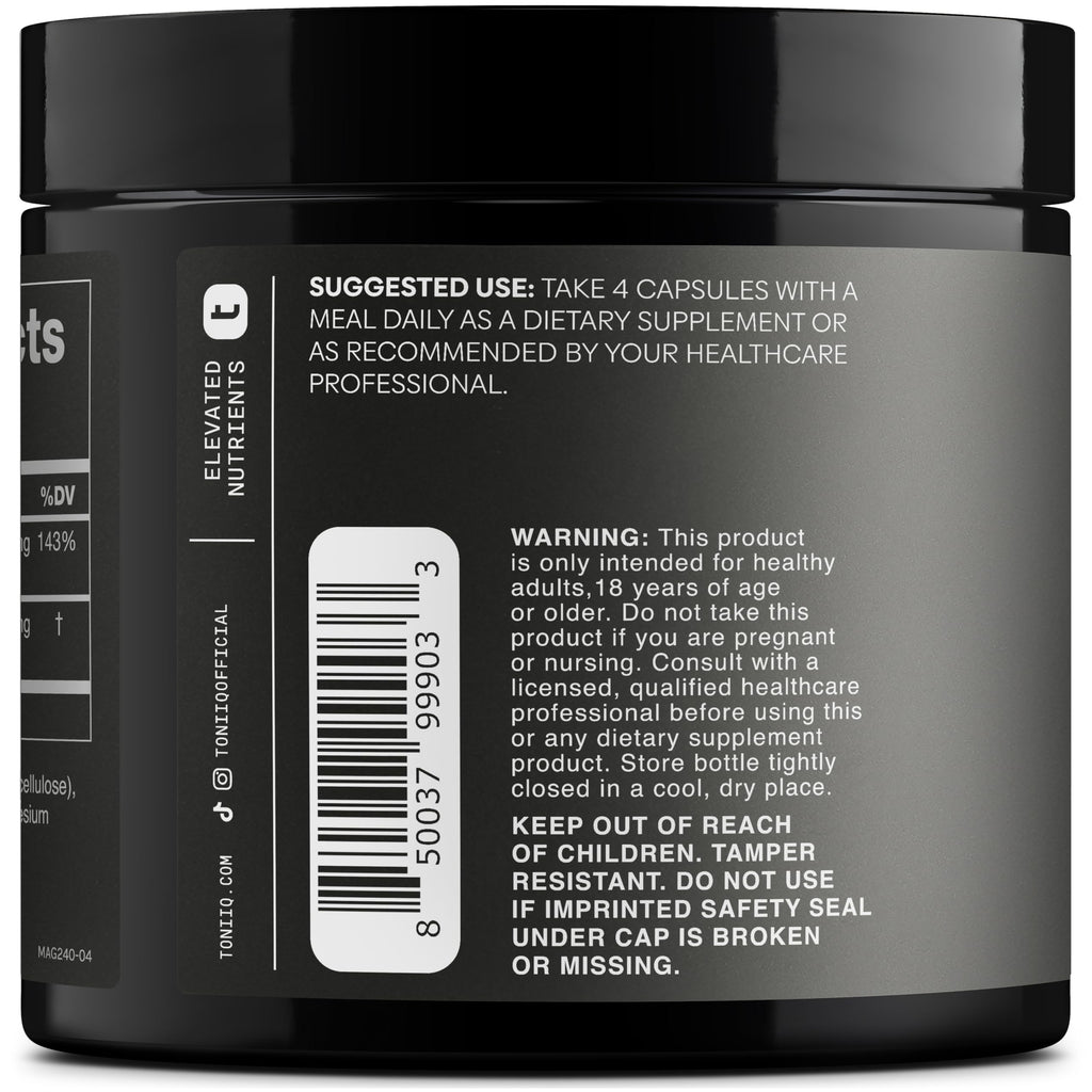 Toniiq Magnesium Glycinate 3,000mg – 600mg Elemental, Chelated, Bioavailable – 240 Veggie Capsules