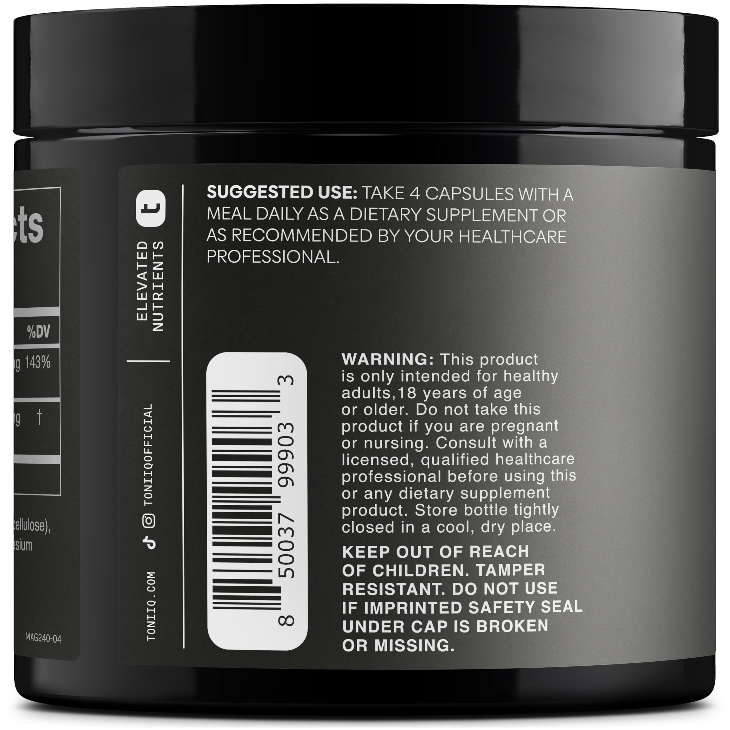 Toniiq Magnesium Glycinate 3,000mg – 600mg Elemental, Chelated, Bioavailable – 240 Veggie Capsules
