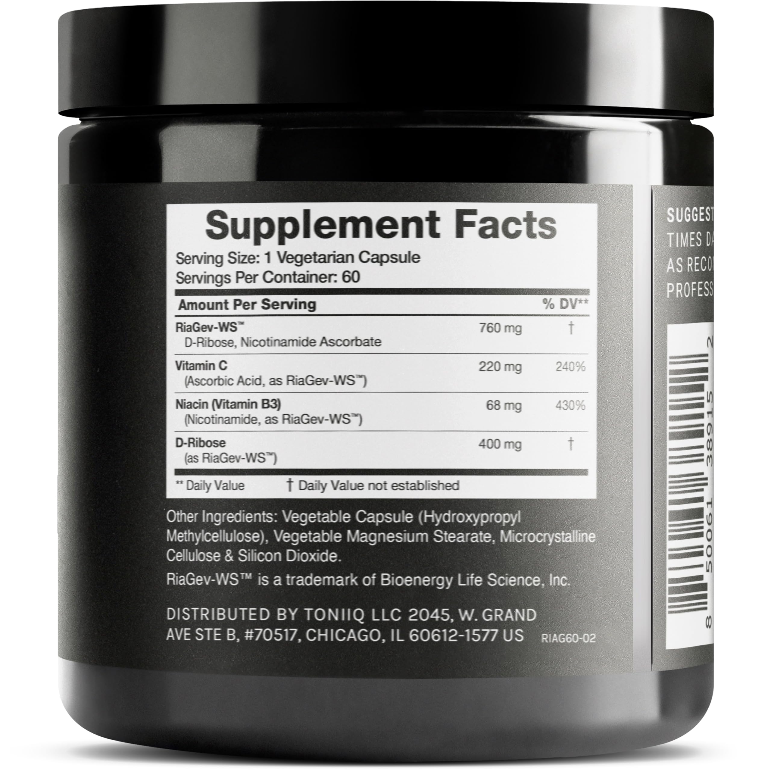 Toniiq NAD+ Ultra High Potency 1400mg | RiaGev D-Ribose Nicotinamide Niacin | 3rd Party Tested