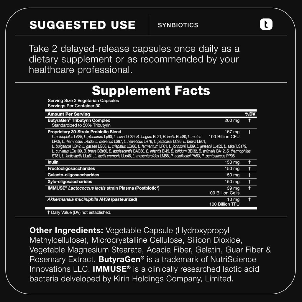 Toniiq Prebiotics and Probiotics – 200B TFU Synbiotic with IMMUSE and ButyraGen – 30 Strains – 60 Capsules