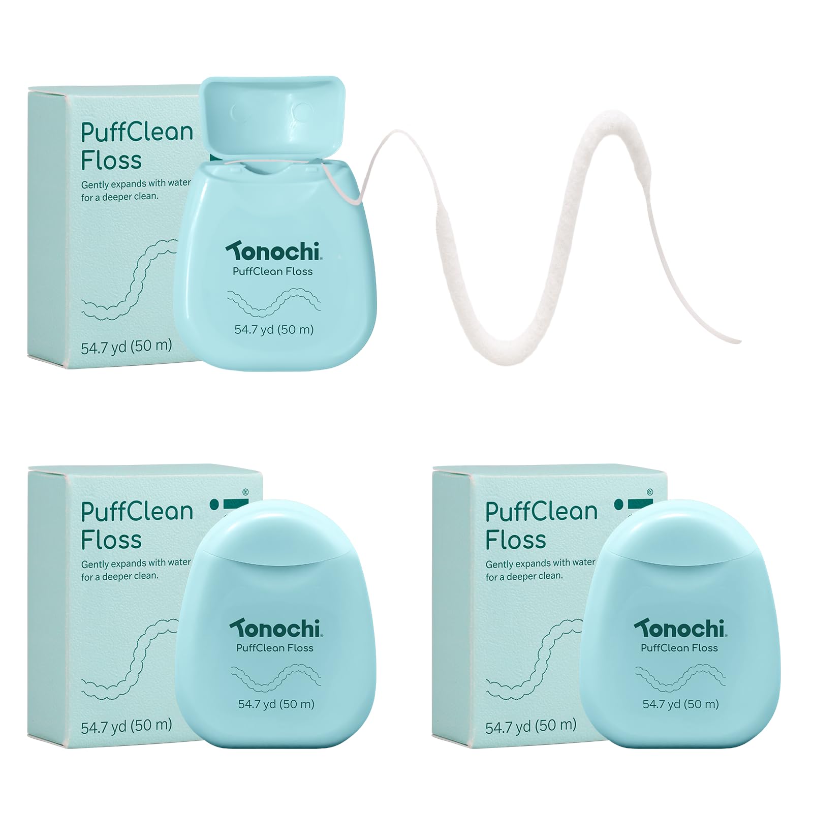 Tonochi PuffClean Expanding Dental Floss — Beeswax Coating, Mint + Xylitol, 3-Pack (55 yd each)