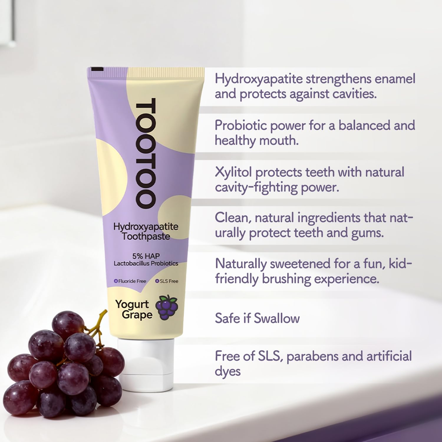 TooToo Fluoride Free Kids Toothpaste with Hydroxyapatite, Probiotics & Xylitol - Safe to Swallow, All Natural 4.2 oz