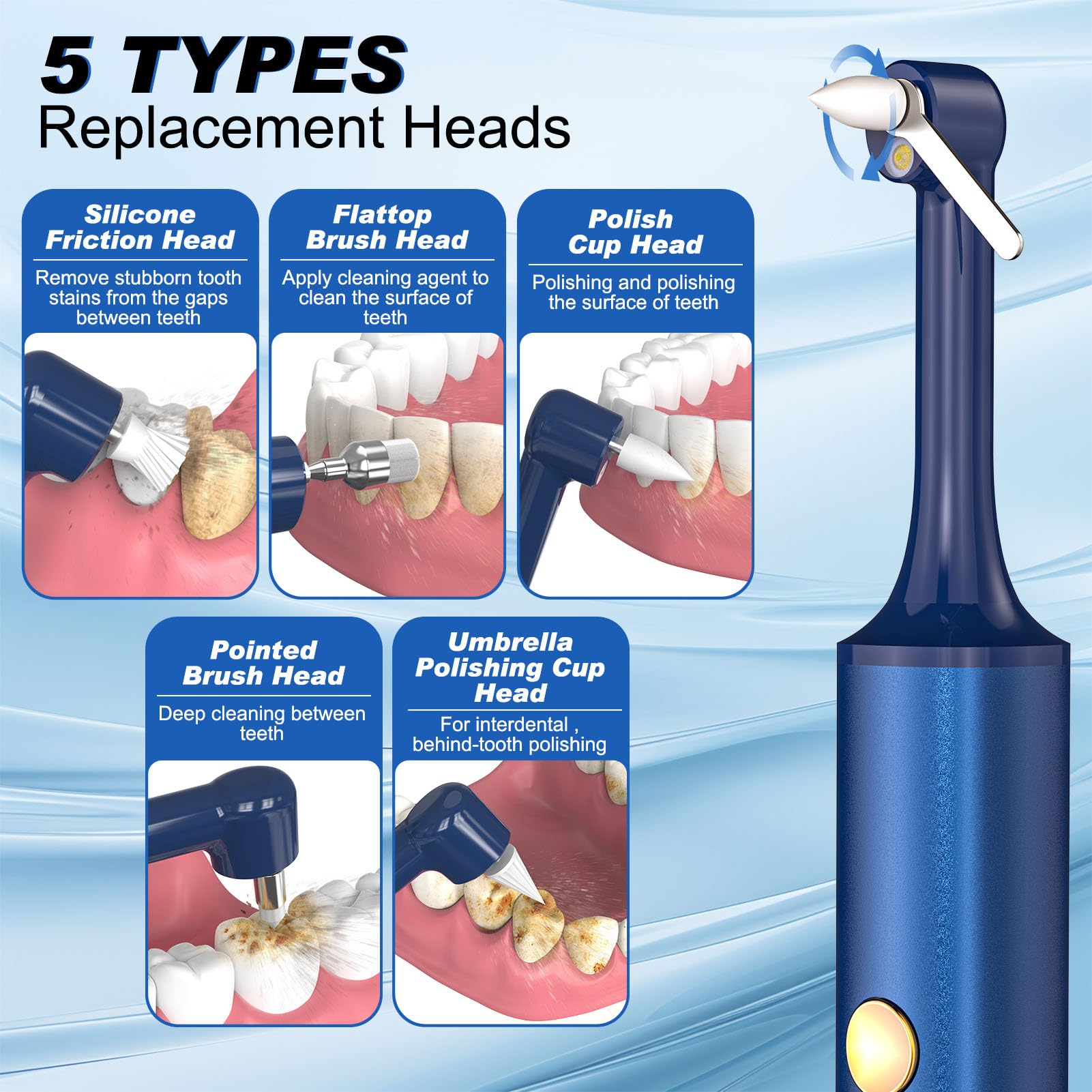 Tooth Polisher & Whitening Kit – 5 Heads, 4 Modes, LED Light, USB Rechargeable