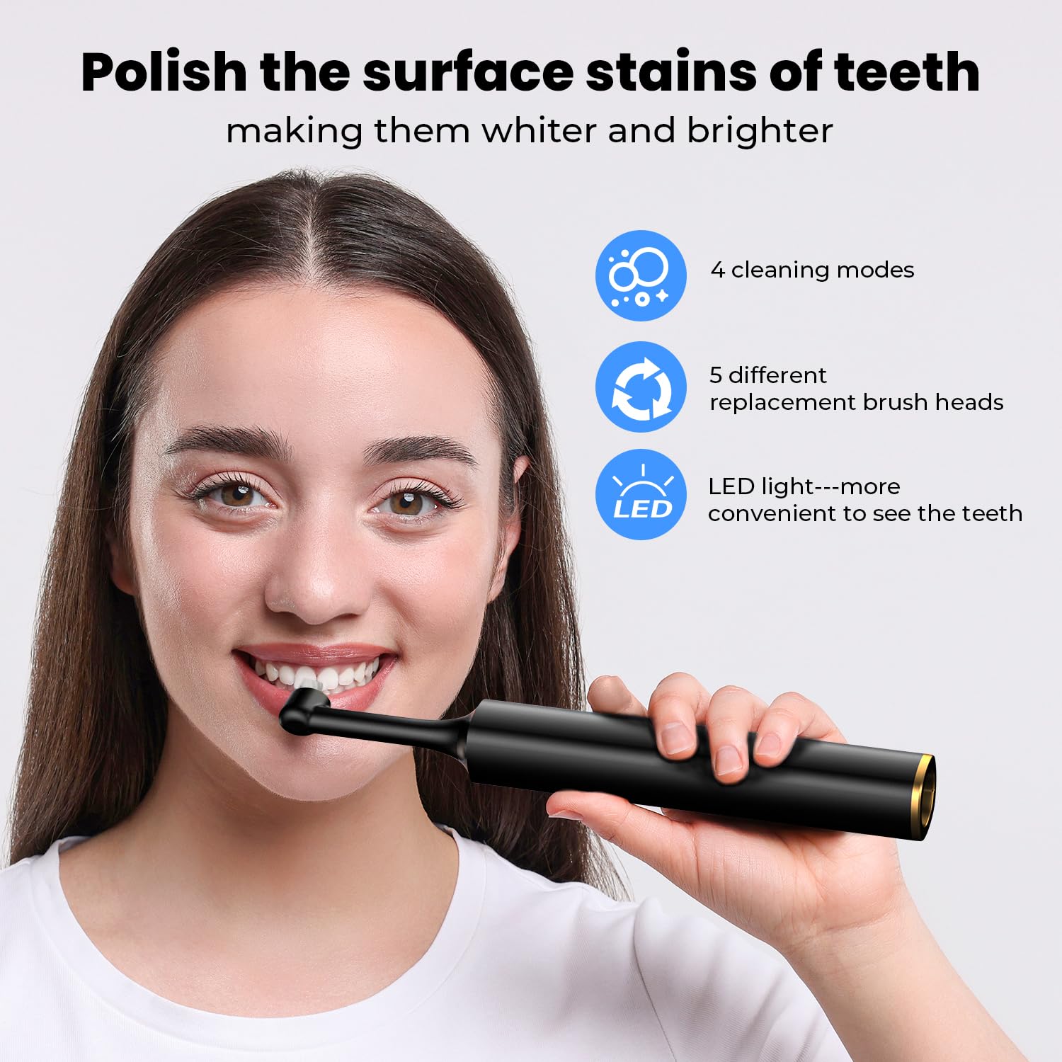 Tooth Polisher & Whitening Kit – 5 Brush Heads, LED Light, 4 Speed Modes, IPX6 Waterproof | Handsel 3 Polishing Pastes