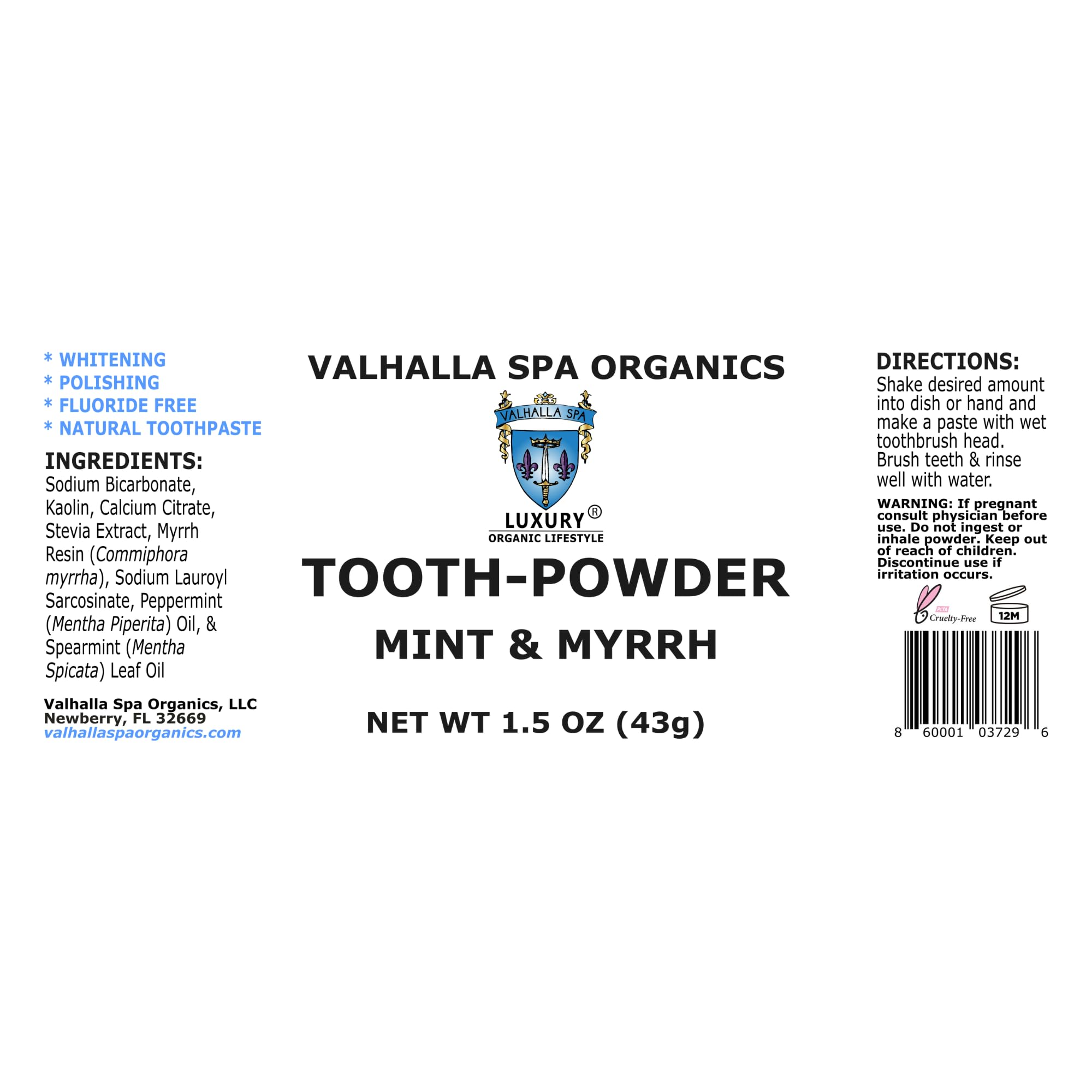 Tooth Powder with Mint & Myrrh Gum – Natural Fluoride-Free Whitening 1.5 oz (2 Pack) | Valhalla Spa Organics