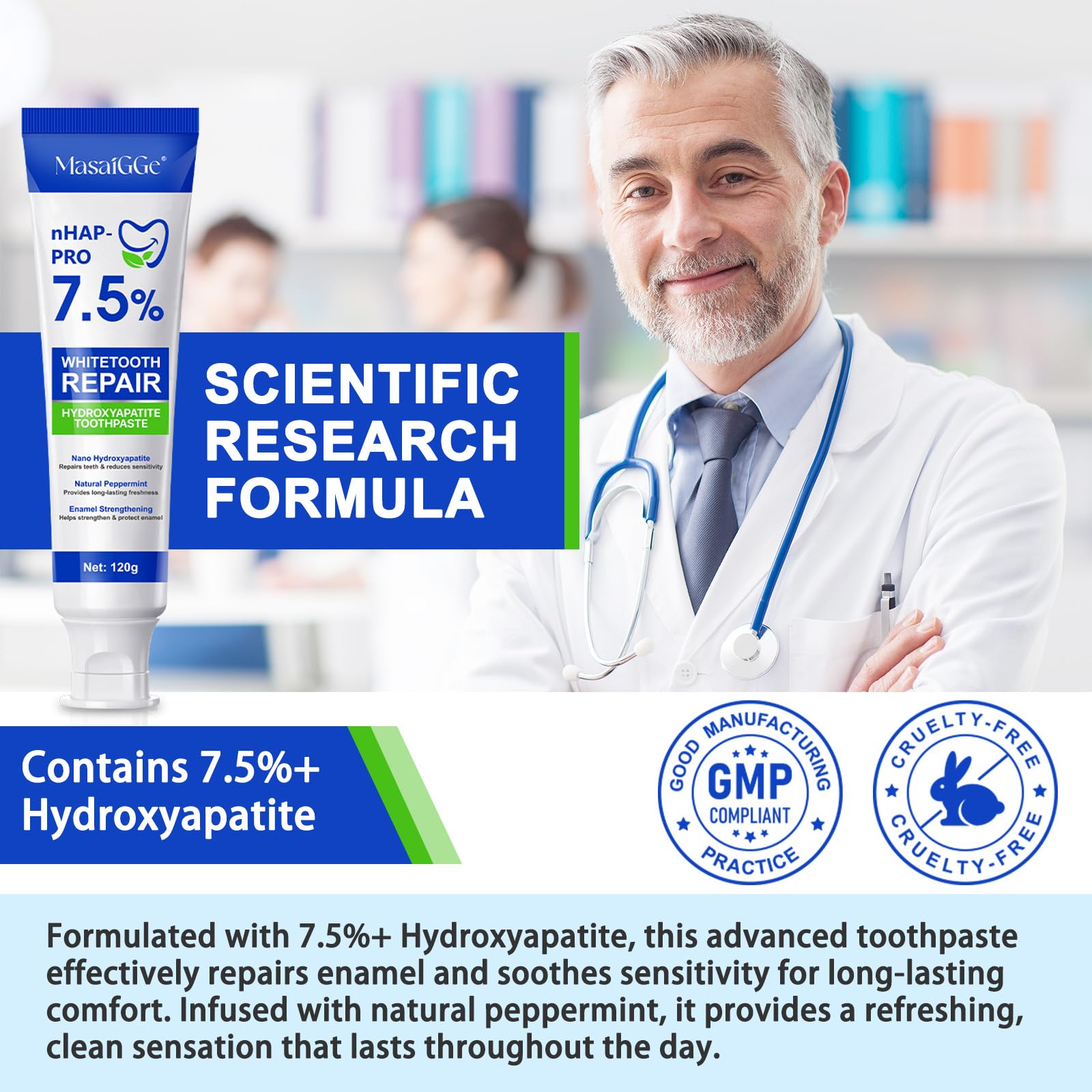 7.5% Hydroxyapatite Toothpaste for Enamel Protection, Tooth Strengthening, Gentle Mint | Fresh Breath & Daily Use