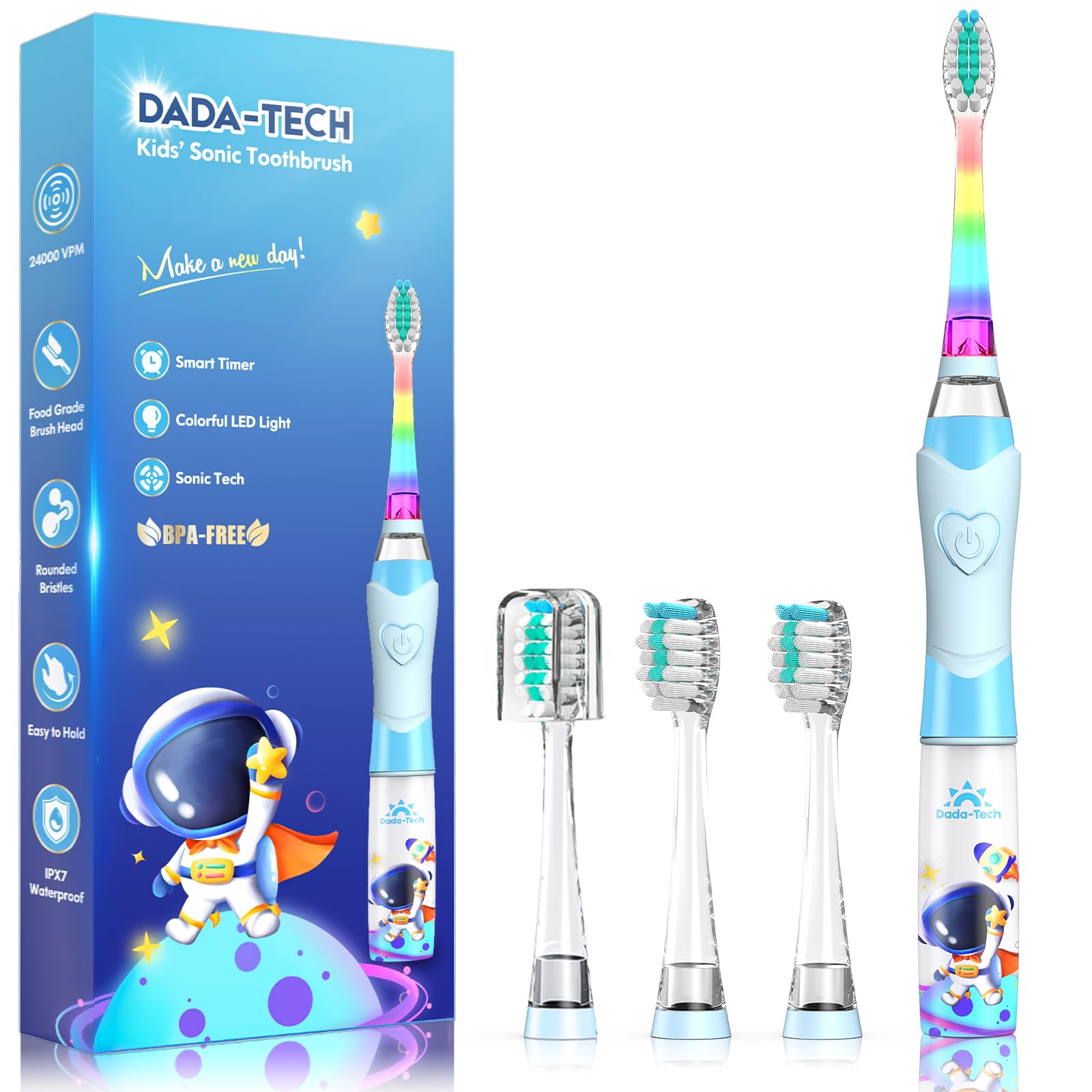 Kids Electric Toothbrush 2-12 with Timer | Rainbow LED, Astronauts Blue