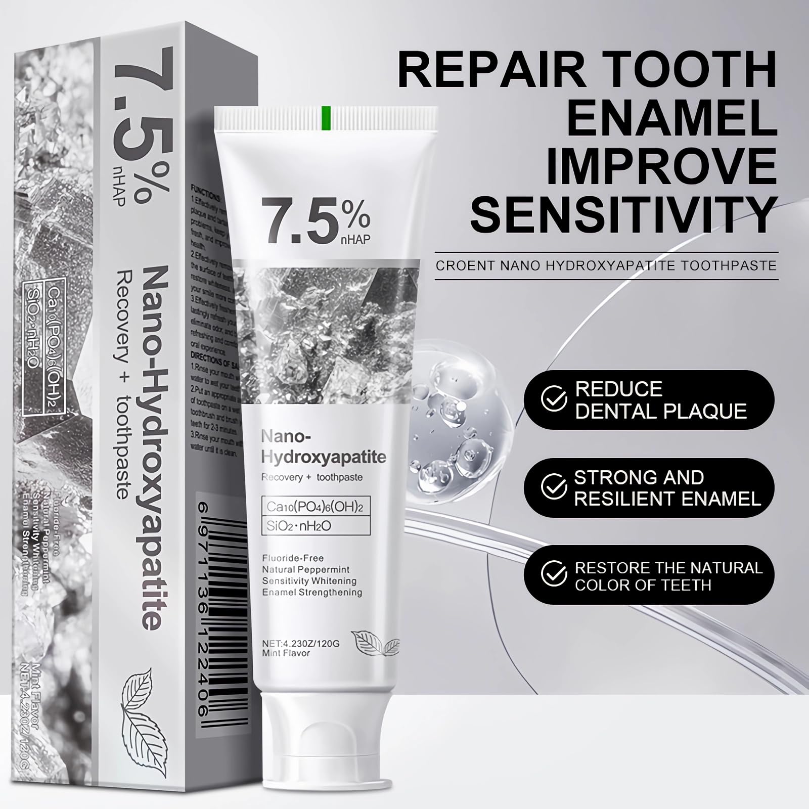 7.5% Nano Hydroxyapatite Toothpaste – Enamel Repair, Deep Cleaning, Gentle Mint, Fluoride-Free (4.23 oz)