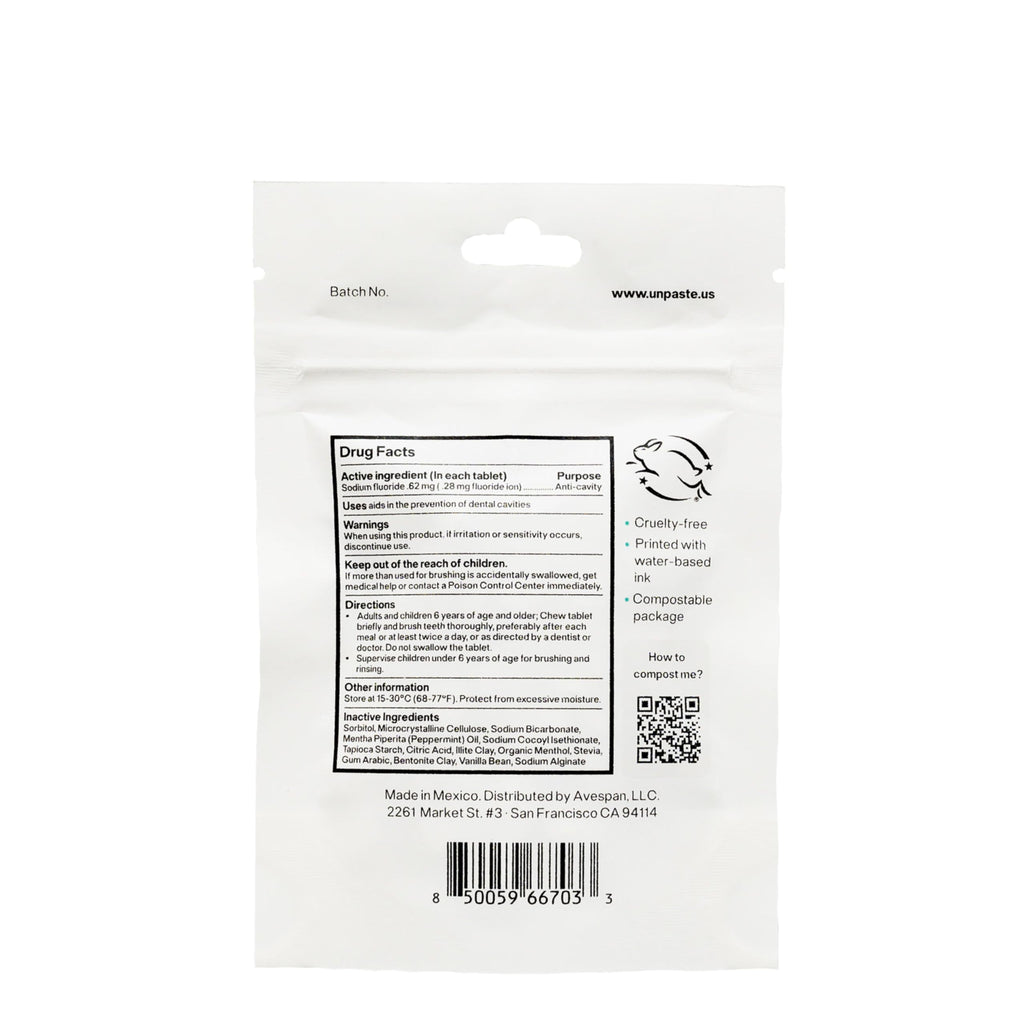 New Formula Unpaste Toothpaste Tablets – Fluoride Mint, Xylitol Free, Vegan, Plastic Free (125ct, 2 Month Supply)