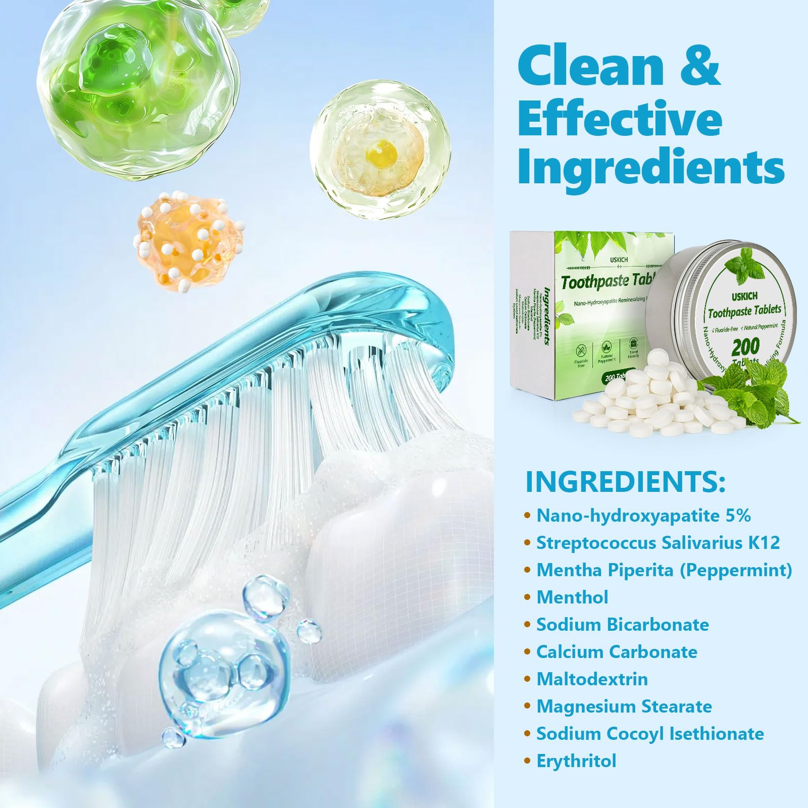 200 Pcs Toothpaste Tablets – Nano Hydroxyapatite Whitening, Fluoride-Free & Plastic-Free