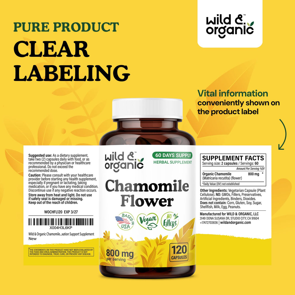 Chamomile Extract Capsules 800 mg - Wild & Organic - Relaxation & Digestive Support - Vegan, Non-GMO - 120 Count