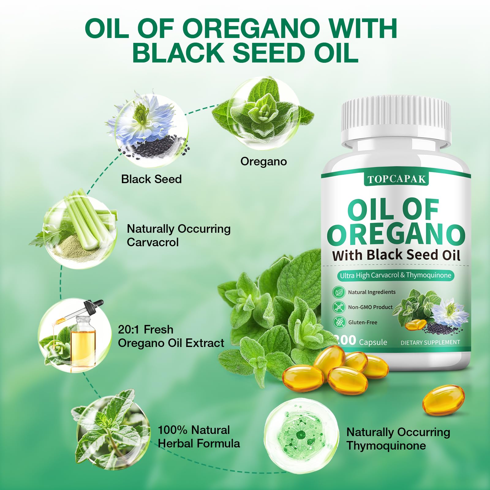 TOPCAPAK Oil of Oregano & Black Seed Oil — 2-in-1 Immune Support, 400 Softgels