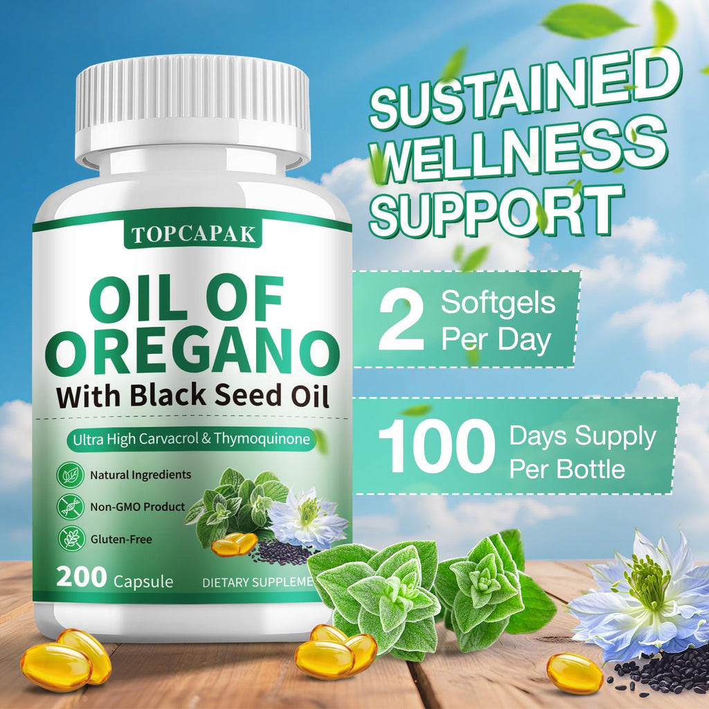 TOPCAPAK Oil of Oregano & Black Seed Oil — 2-in-1 Immune Support, 400 Softgels