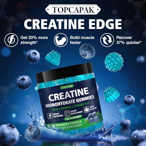 TOPCAPAK Creatine Gummies – Monohydrate, Blueberry, 5g Serving, 120 Gummies