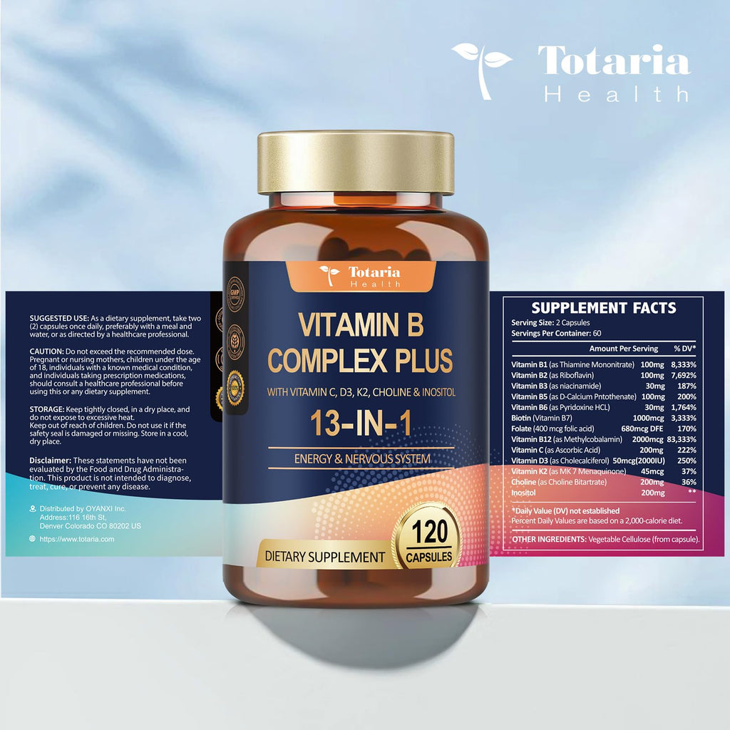 Totaria 13-in-1 Vitamin B Complex Plus – 2 Bottles (240 Caps) | Energy, Nerve & Immune Support