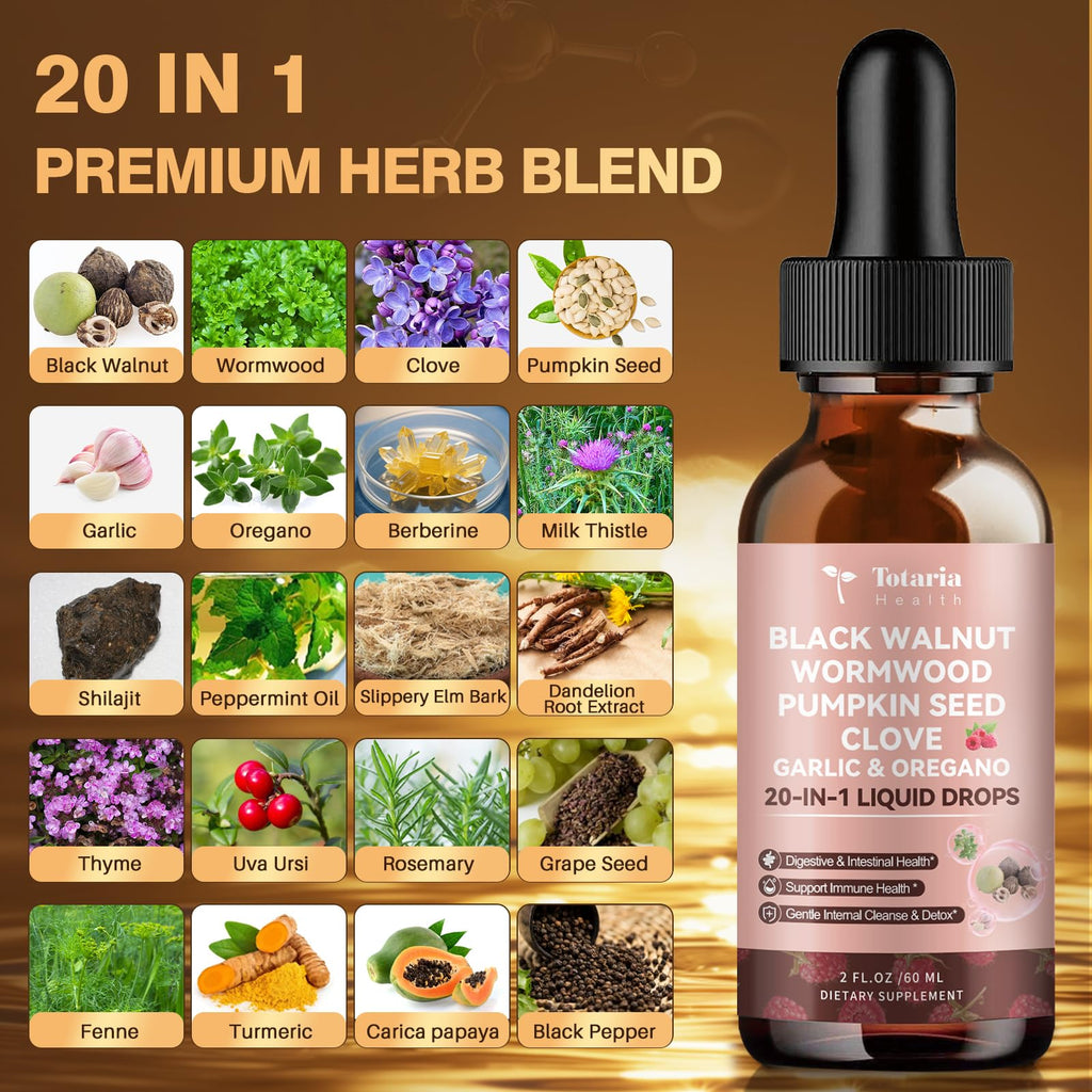 Totaria 2 Pack 20 in 1 Black Walnut Wormwood Tincture – Raspberry Flavor, Alcohol-Free, Digestive Health