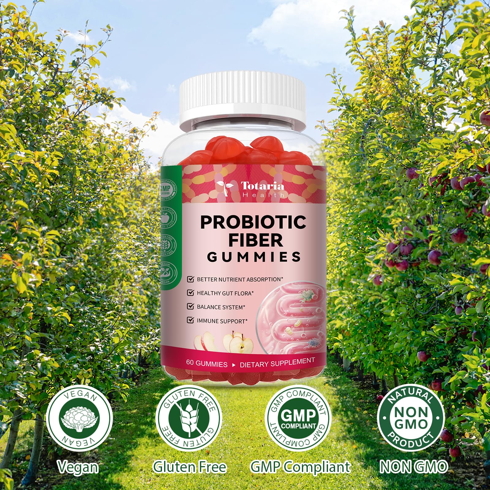 Totaria 9-in-1 Probiotic Fiber Gummies — 16g Fiber/Serving, 5B CFU Bacillus Coagulans (60 Gummies)