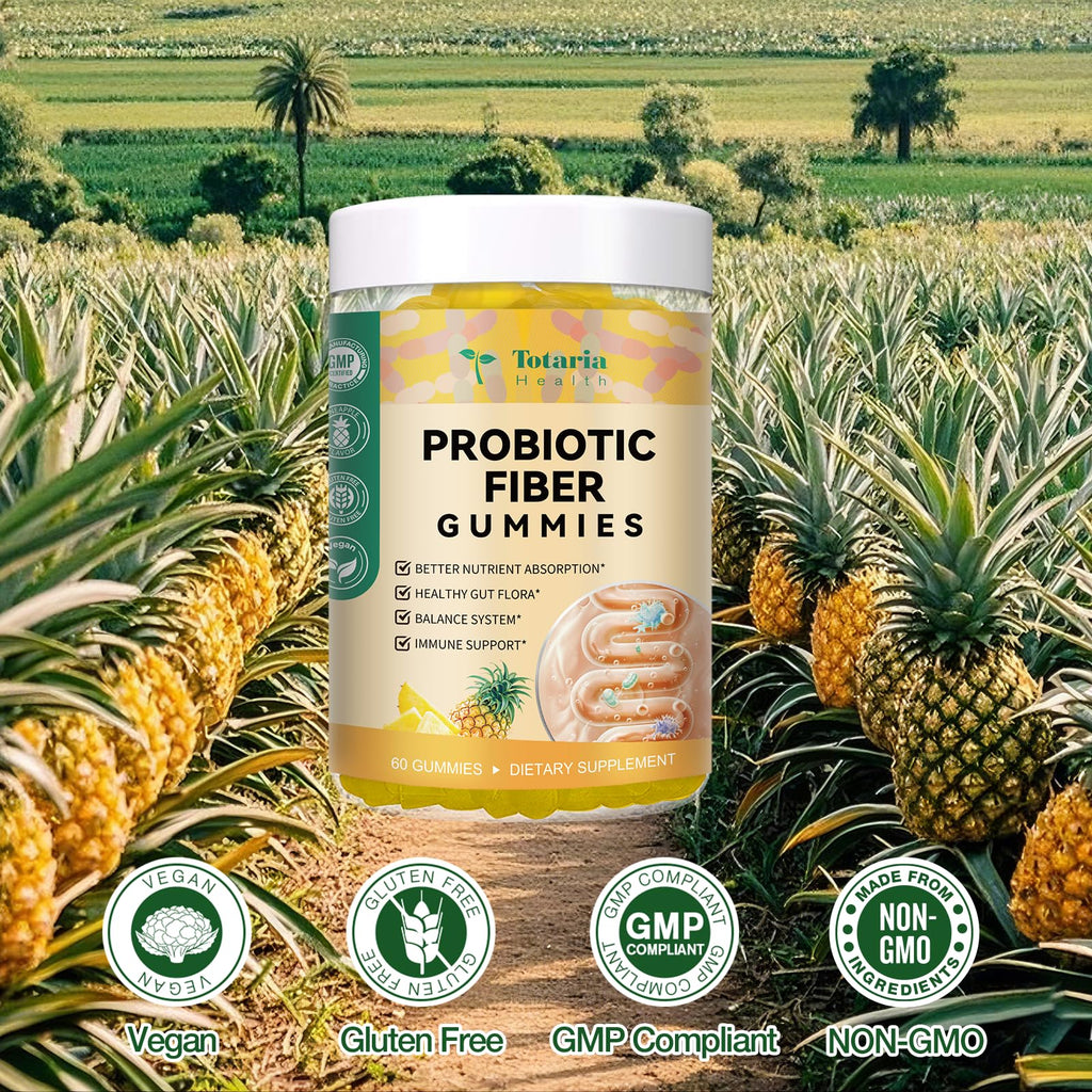 9-in-1 Probiotic Fiber Gummies for Adults & Teens – 60 Pineapple Gummies | Totaria