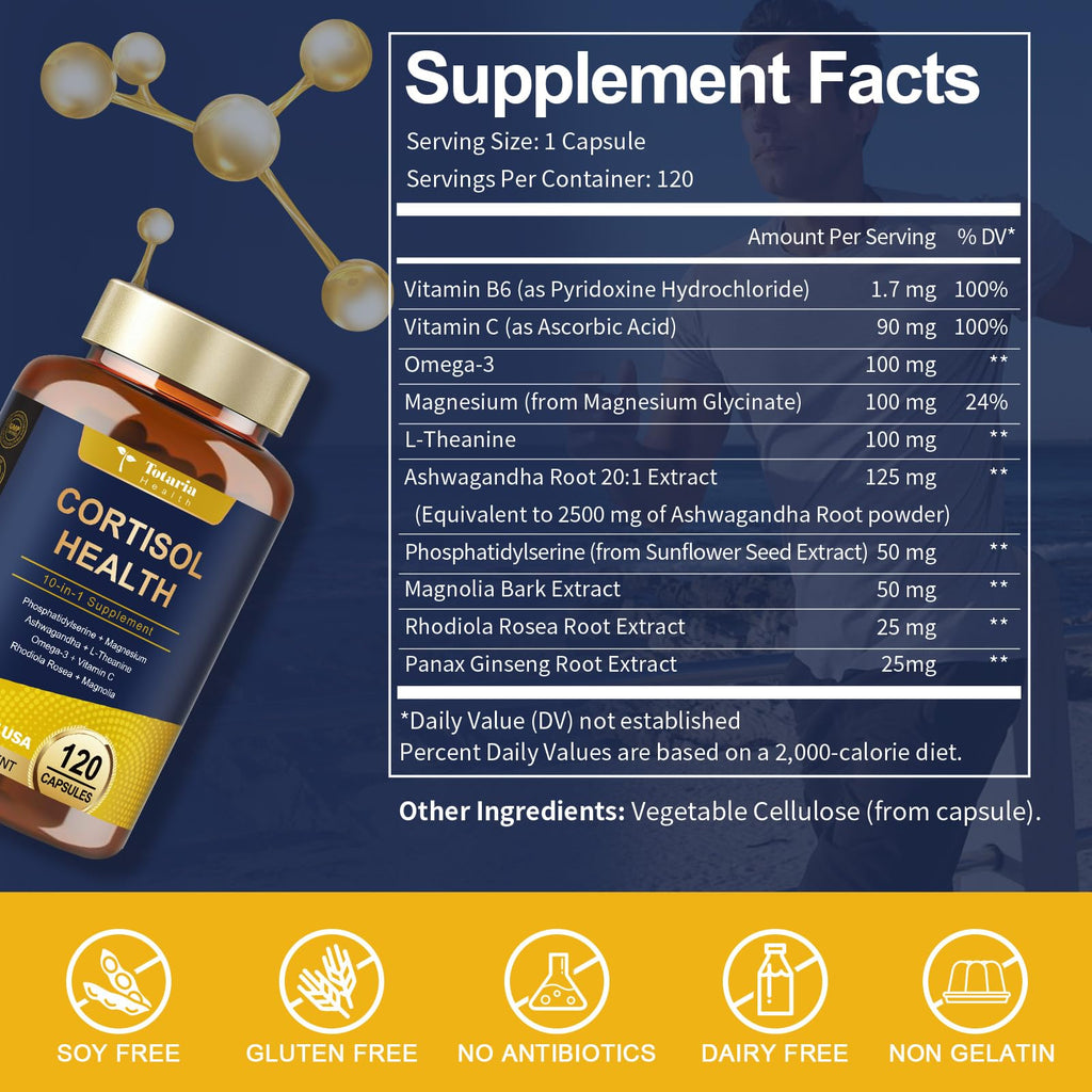 Totaria Cortisol Support with Ashwagandha, Magnesium, Rhodiola & L-Theanine - 120 Vegan Capsules (Women)