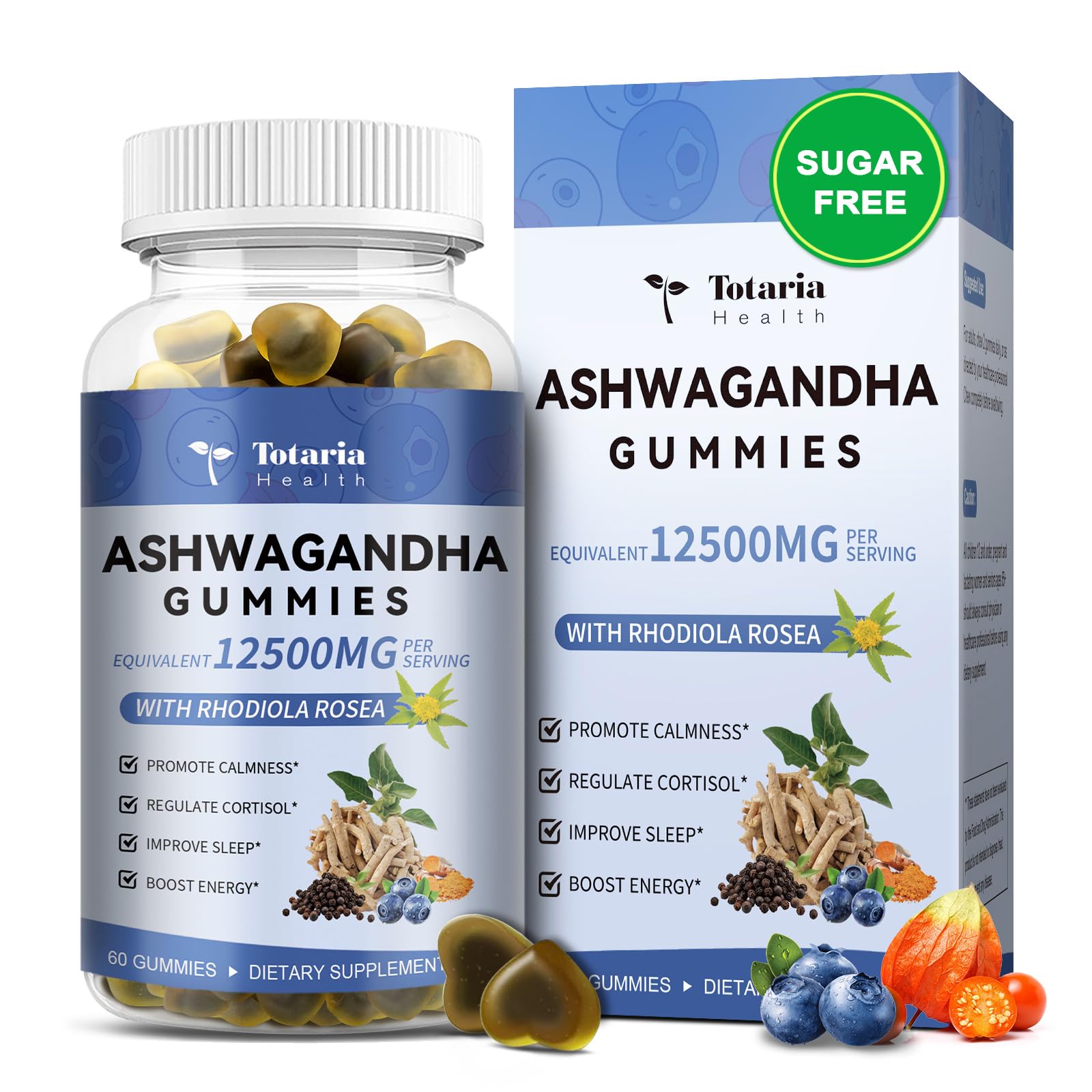 Totaria Sugar Free Ashwagandha Gummies 2500mg | Vitamin D3, Magnesium Glycinate, Rhodiola – Blueberry