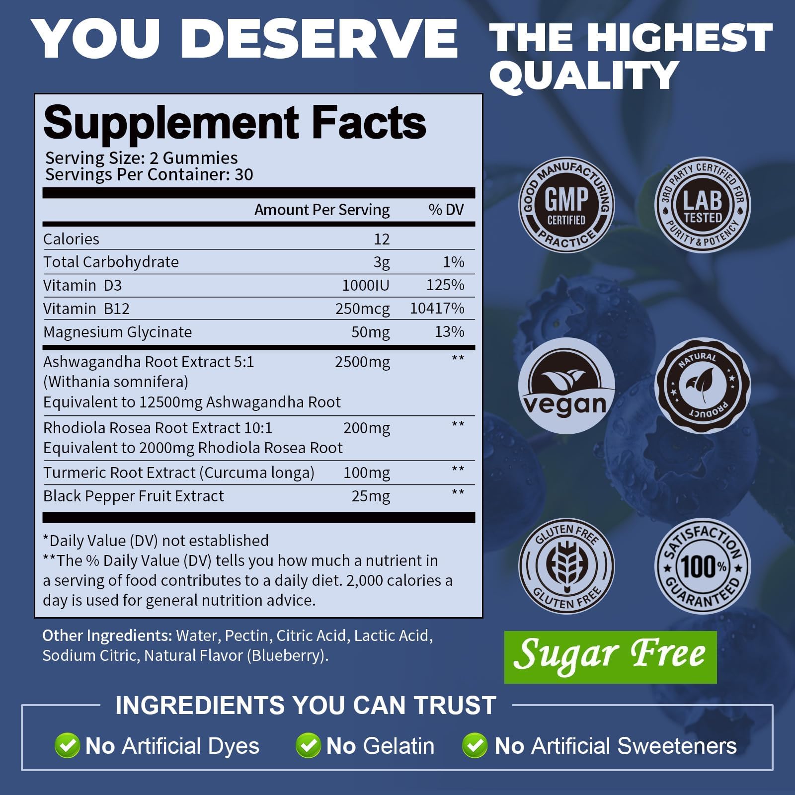 Totaria Sugar Free Ashwagandha Gummies 2500mg | Vitamin D3, Magnesium Glycinate, Rhodiola – Blueberry