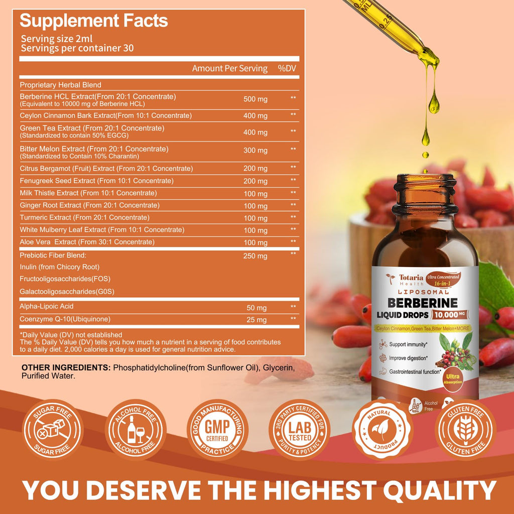 Totaria Berberine Supplement - Berberine HCL Digestion Support, GLP-1 Secretion & AMPK Activation - 2 Fl Oz