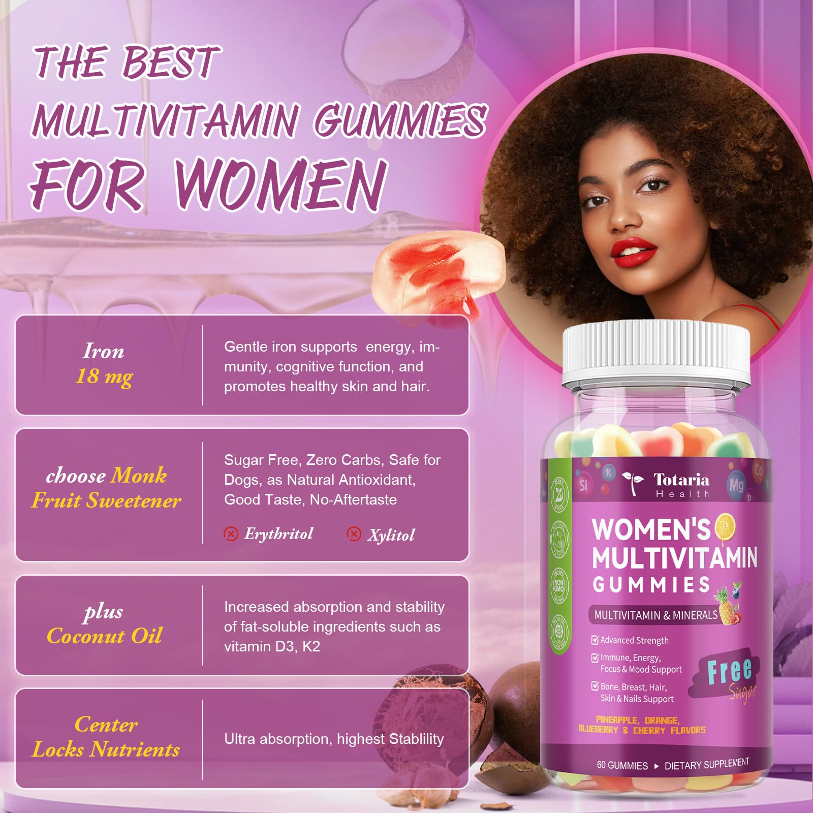 (2 Pcs) Sugar Free Women's Multivitamin Gummies with Iron – Immune & Skin Health