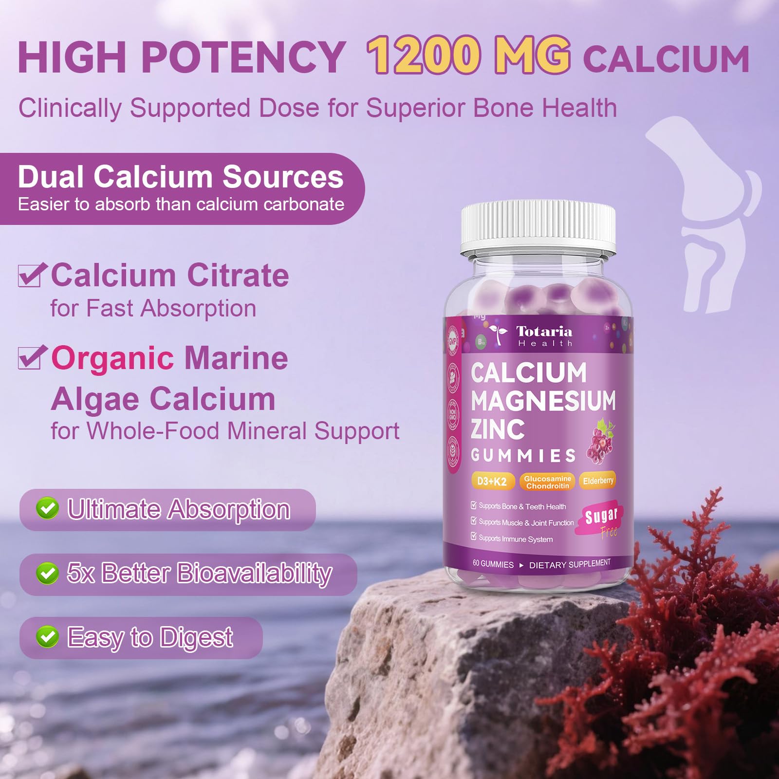 Totaria Sugar Free Calcium Magnesium Zinc Gummies - 1200 mg, 19-in-1 Vegan