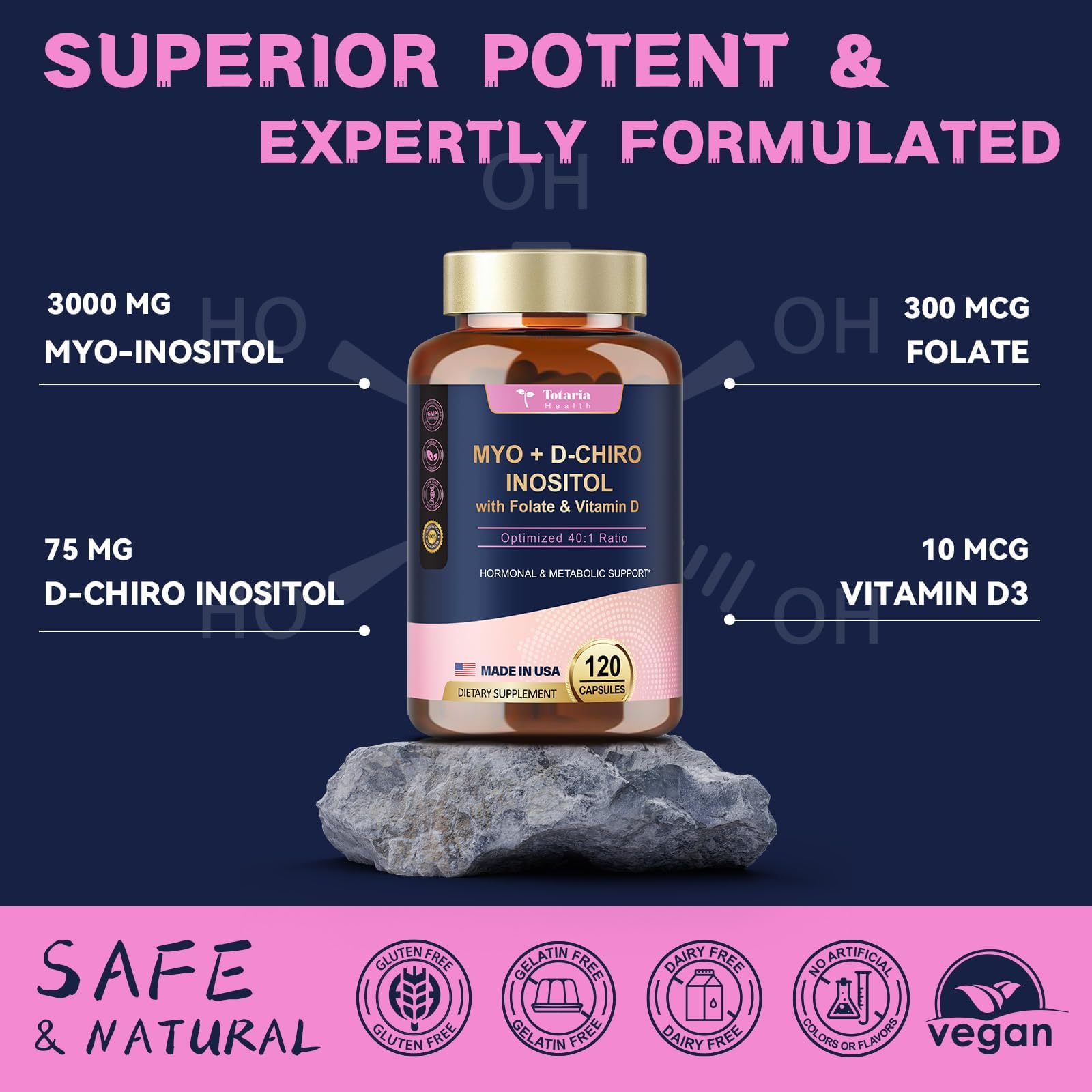 Totaria Inositol Supplement for Women – 40:1 Myo-Inositol & D-Chiro, Vitamin D3 + Folate (Pack of 2)