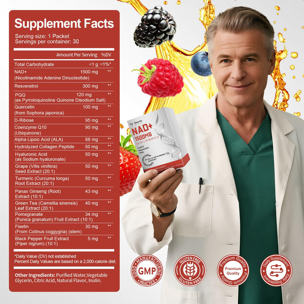 Totaria NAD+ Liquid Supplement 1500mg – 16-in-1 Anti-Aging NAD+ Formula (30 Packets)