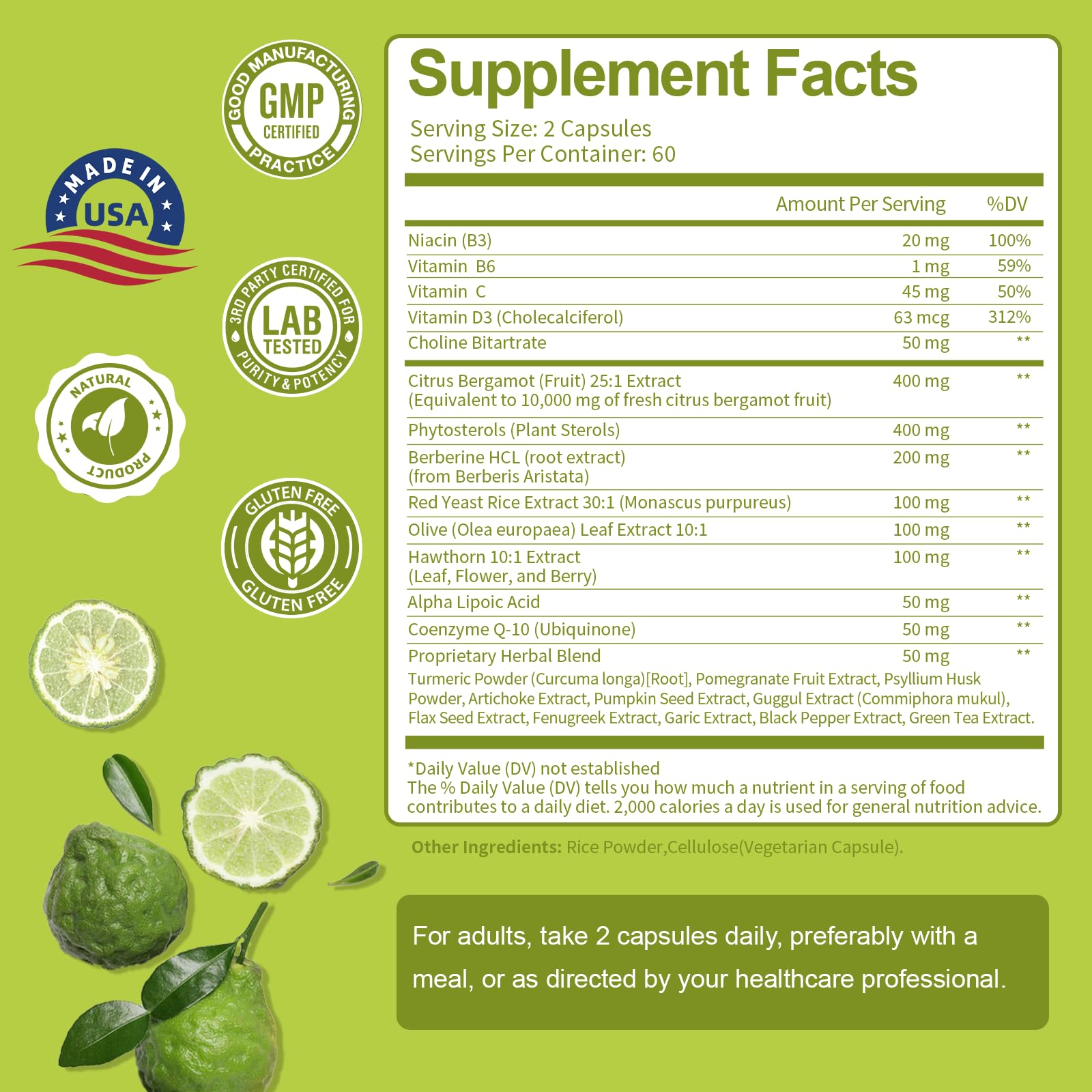 Totaria Citrus Bergamot Supplement for High Cholesterol | Italian Bergamot, Plant Sterols & Stanols | Vegan & Non-GMO | 120 Counts