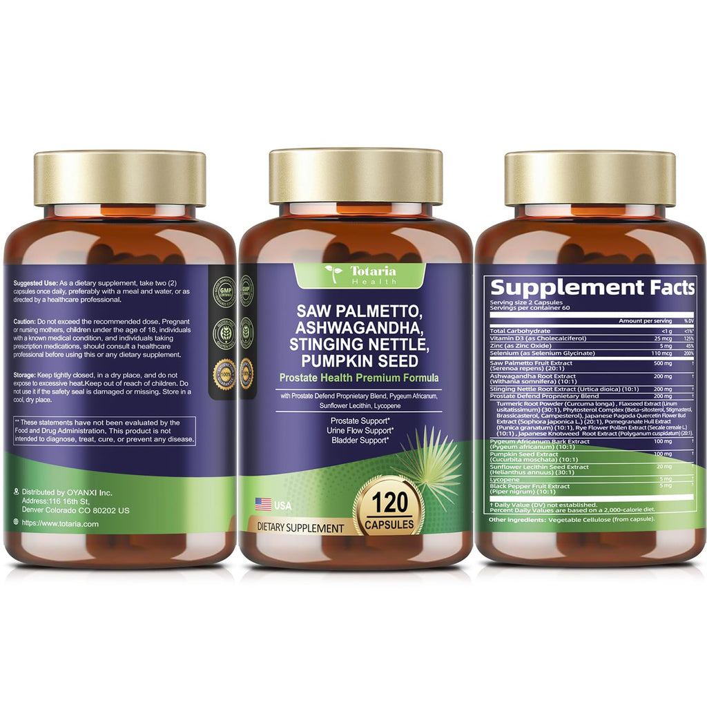 Totaria Organic Saw Palmetto - Prostate Health Support with Ashwagandha, Nettle & Pumpkin Seed (120 Count)