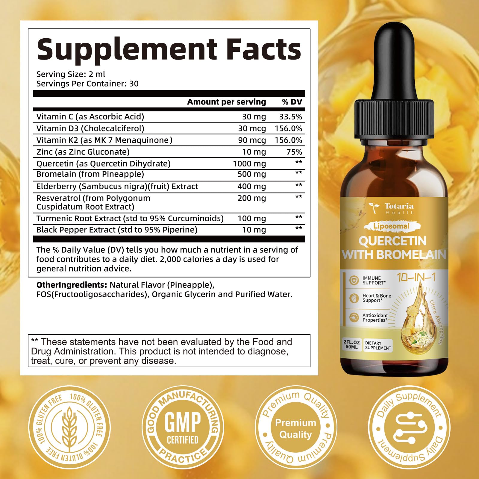Totaria Liposomal Quercetin with Bromelain Liquid Drops - 1000mg Quercetin + 500mg Bromelain, Immune Support (2 fl oz)
