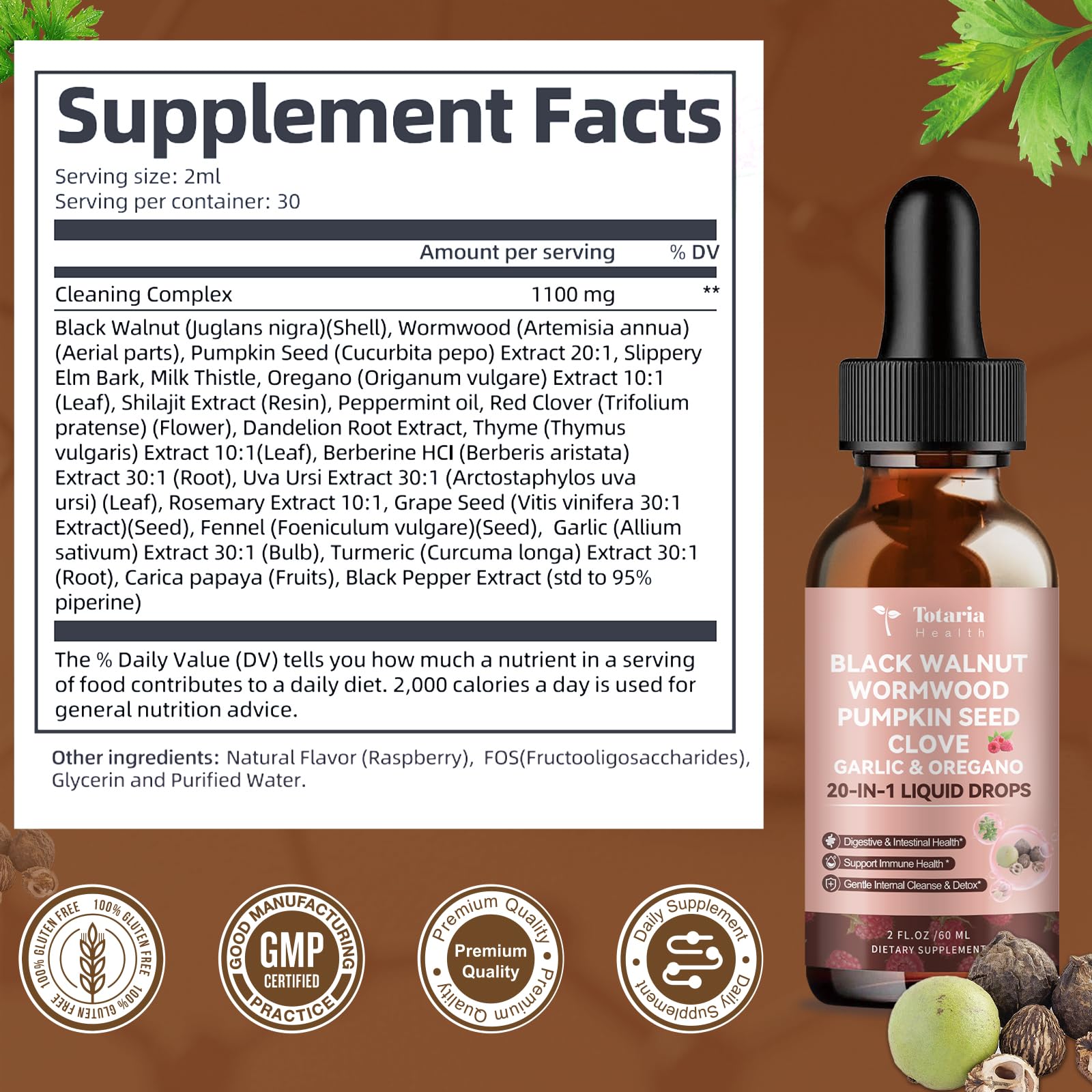 Totaria 2 Pack 20 in 1 Black Walnut Wormwood Tincture – Raspberry Flavor, Alcohol-Free, Digestive Health